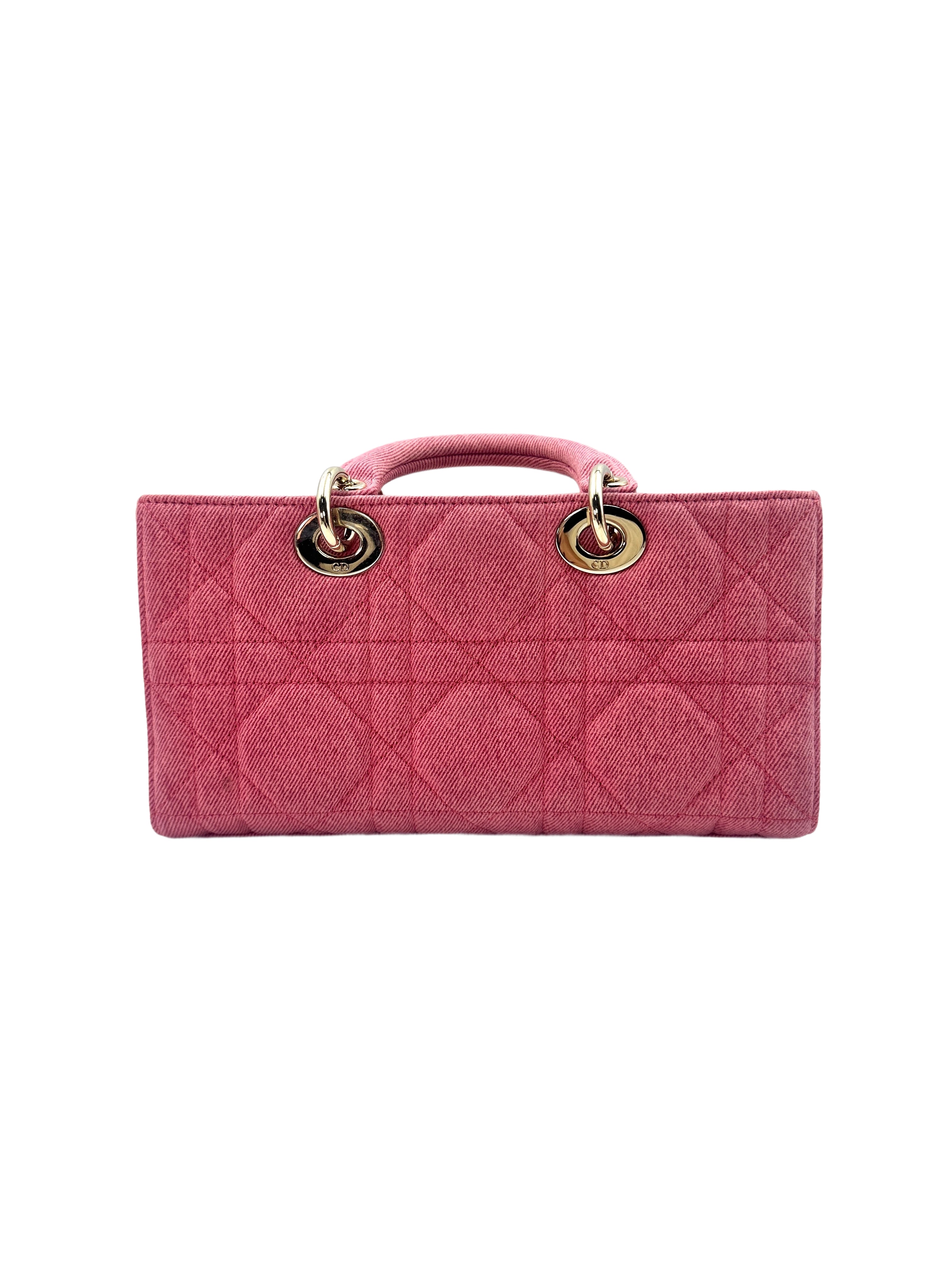 Christian Dior East-West Lady Dior Pink Cannage Denim Handle Bag With Pink/Gold Charms DR468