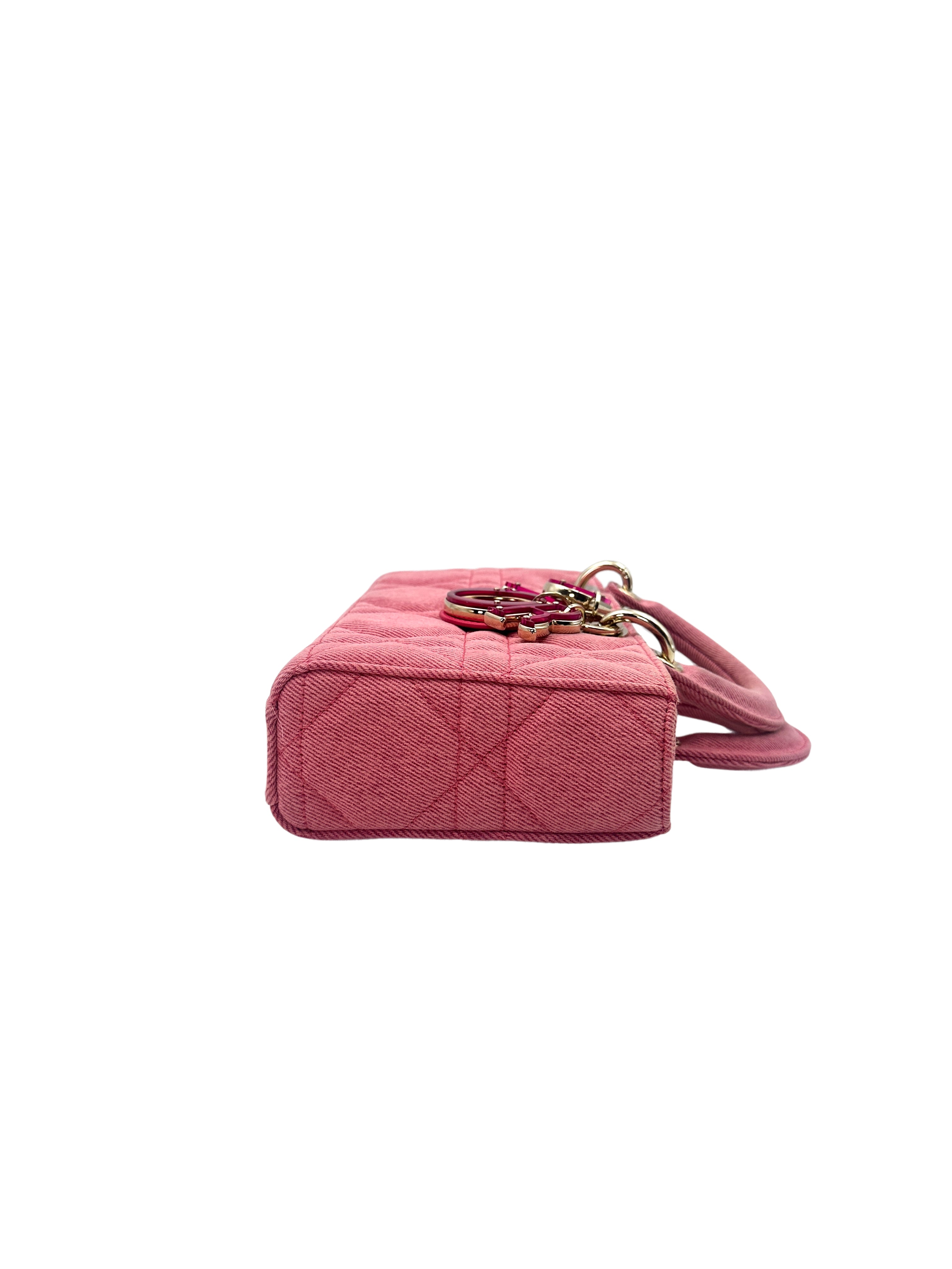 Christian Dior East-West Lady Dior Pink Cannage Denim Handle Bag With Pink/Gold Charms DR468