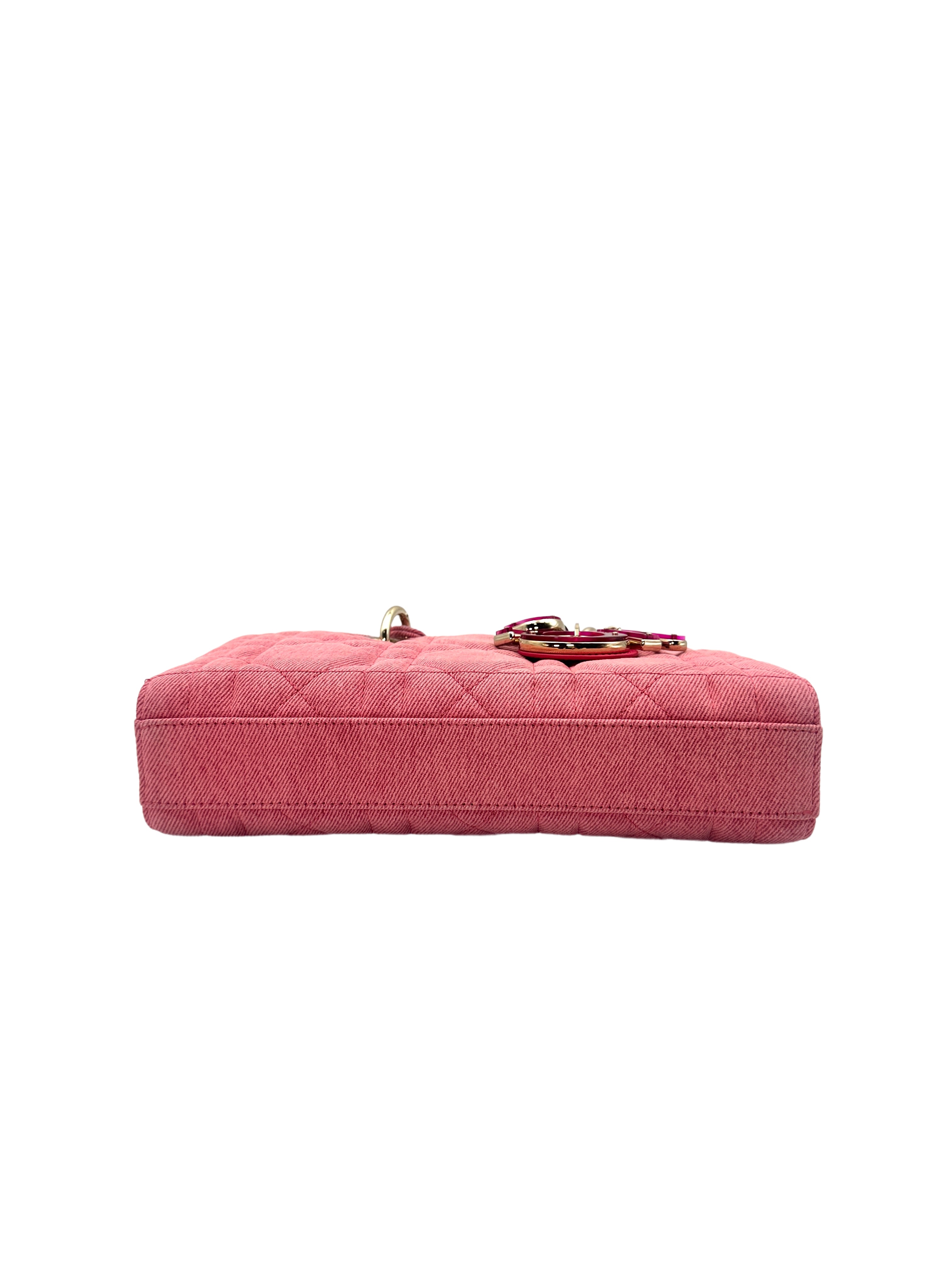 Christian Dior East-West Lady Dior Pink Cannage Denim Handle Bag With Pink/Gold Charms DR468