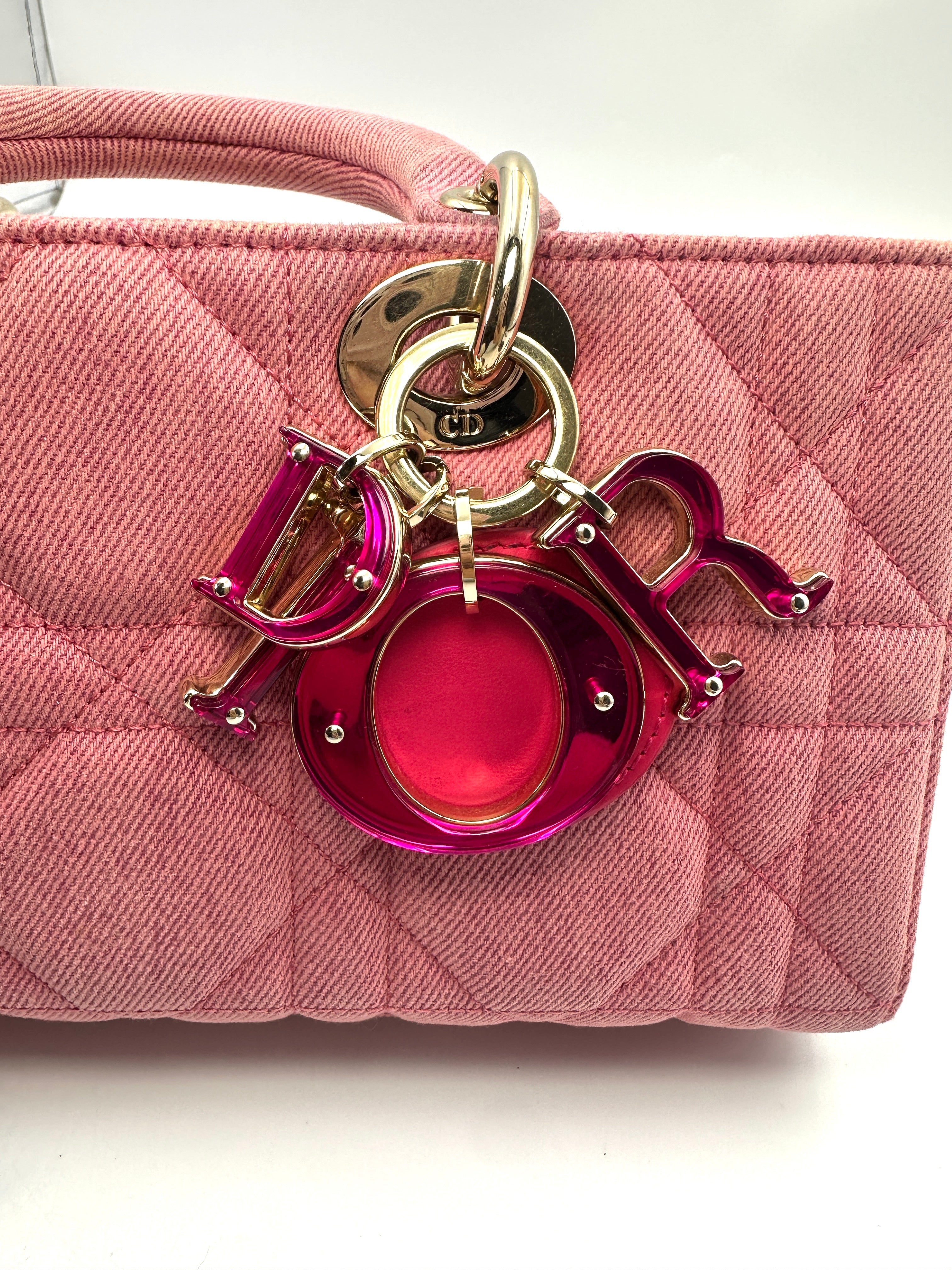 Christian Dior East-West Lady Dior Pink Cannage Denim Handle Bag With Pink/Gold Charms DR468