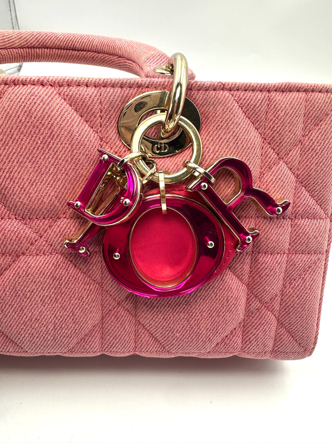 Christian Dior East-West Lady Dior Pink Cannage Denim Handle Bag With Pink/Gold Charms DR468