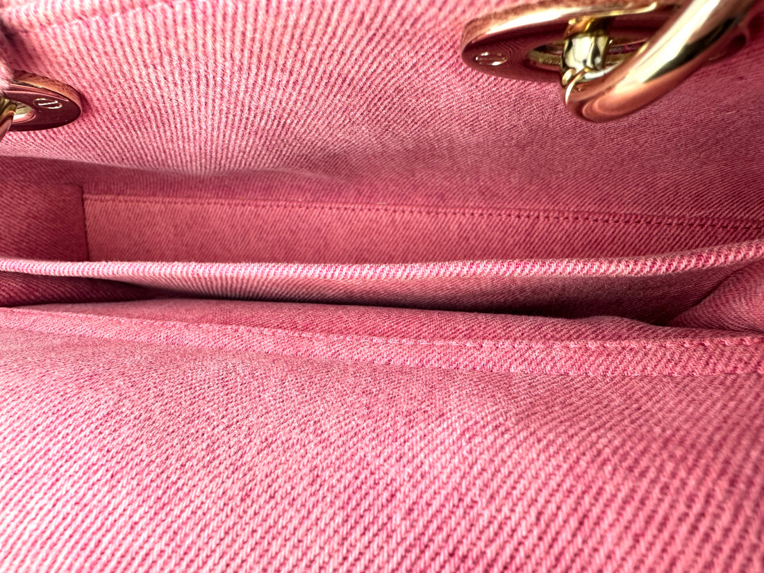 Christian Dior East-West Lady Dior Pink Cannage Denim Handle Bag With Pink/Gold Charms DR468
