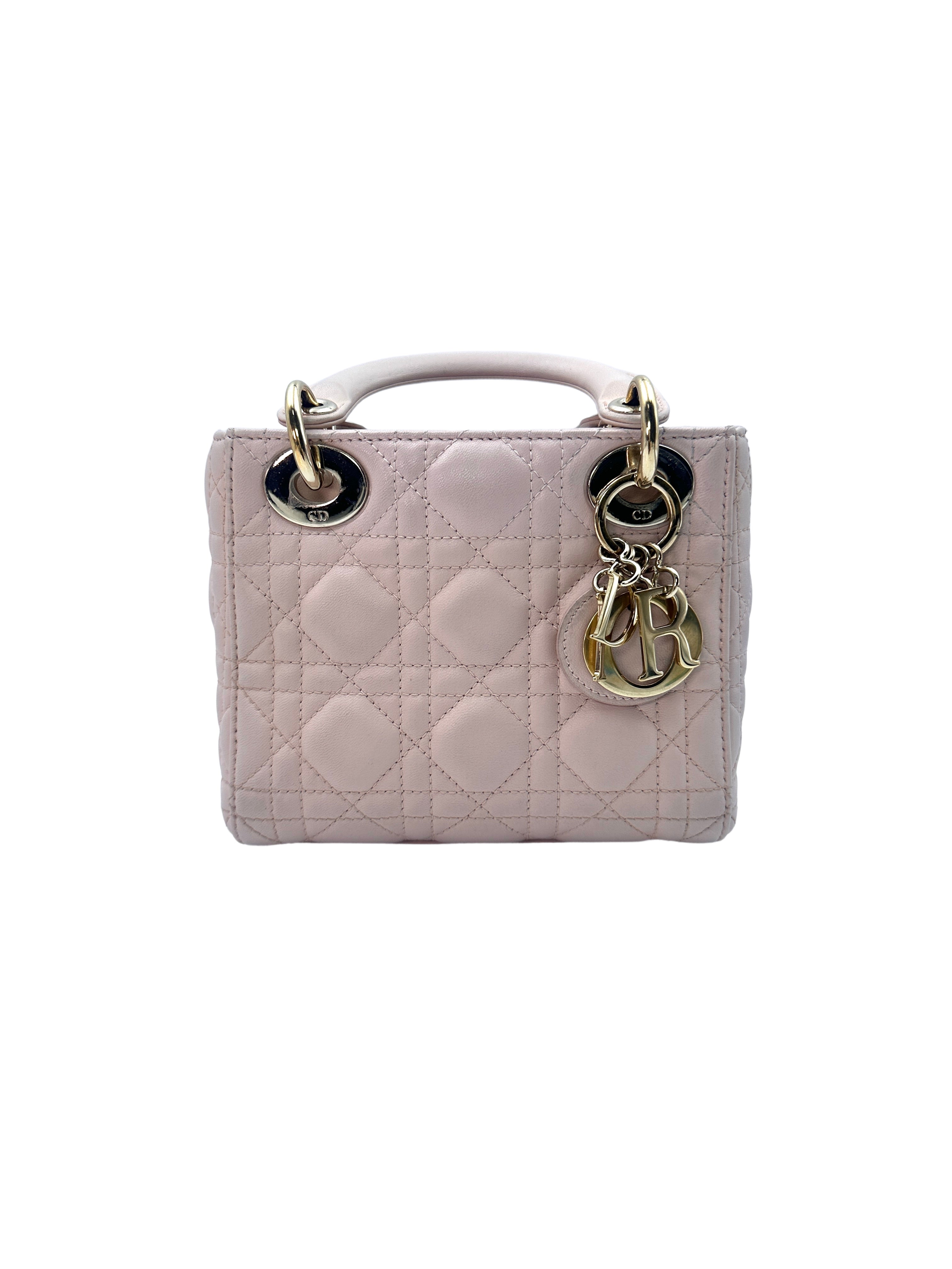 Christian Dior Lady Dior Pink Cannage Leather Handle Bag With Gold Charms DR467