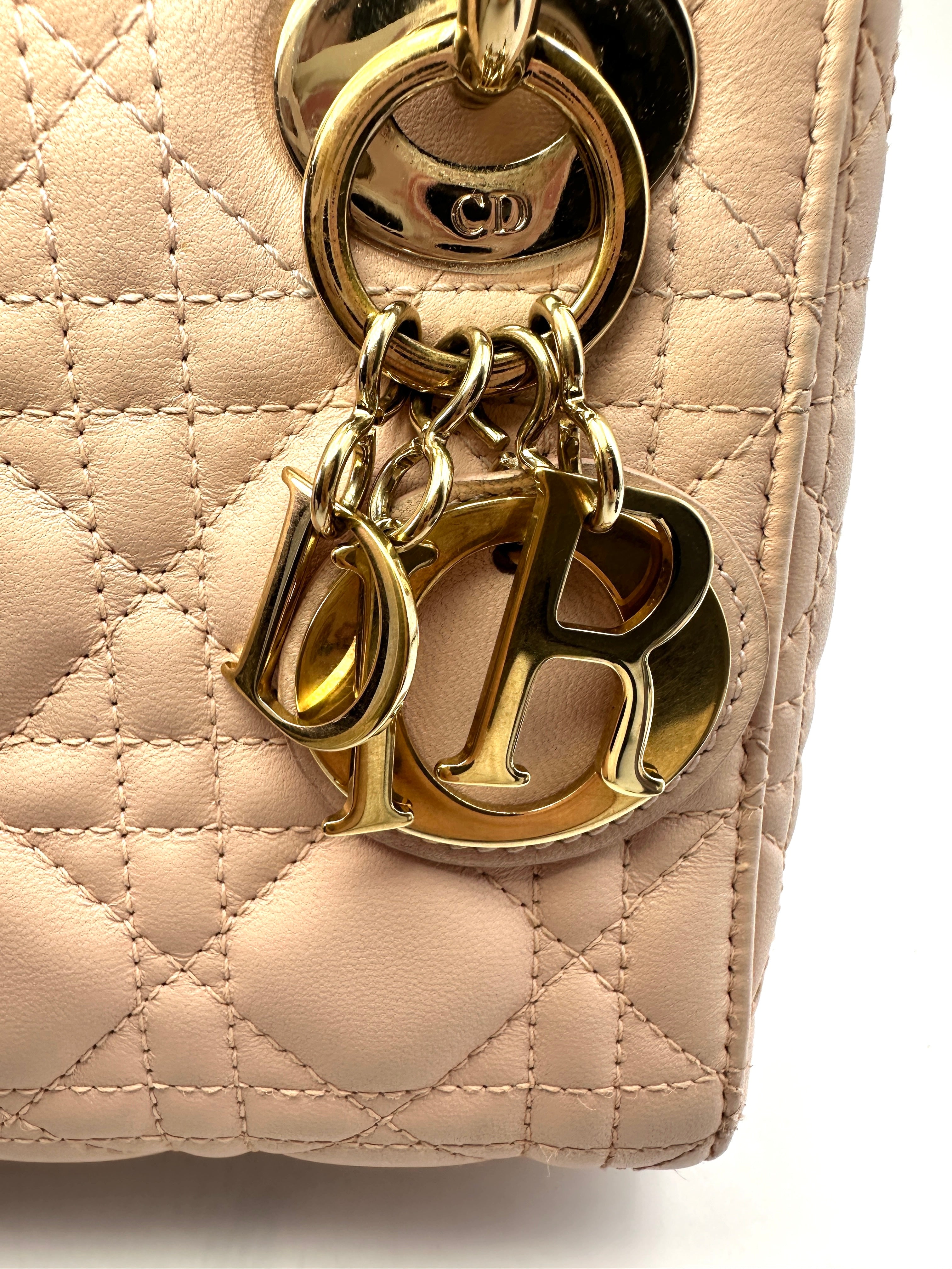 Christian Dior Lady Dior Pink Cannage Leather Handle Bag With Gold Charms DR467