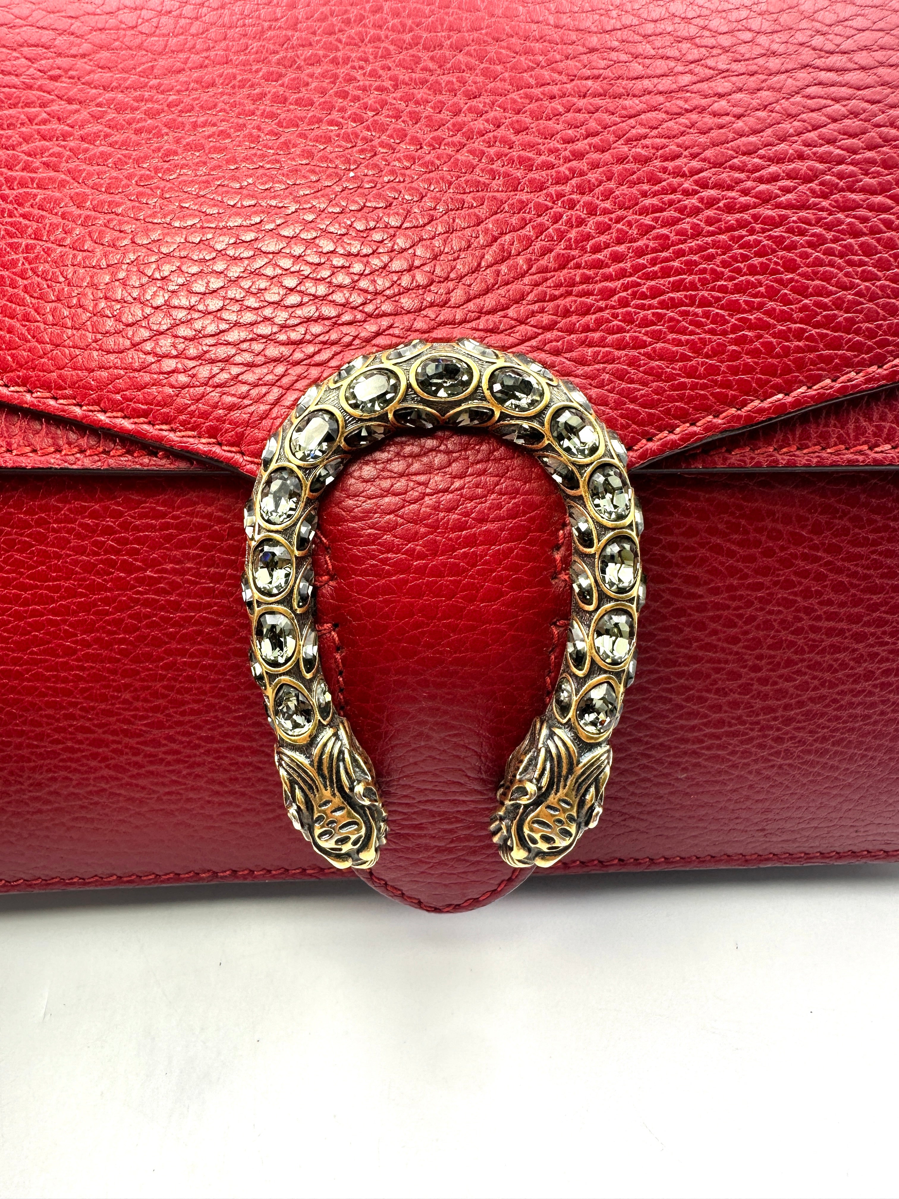 Gucci Dionysus Red Leather Medium Size Crossbody Shoulder Bag With Crystal Buckle GG621