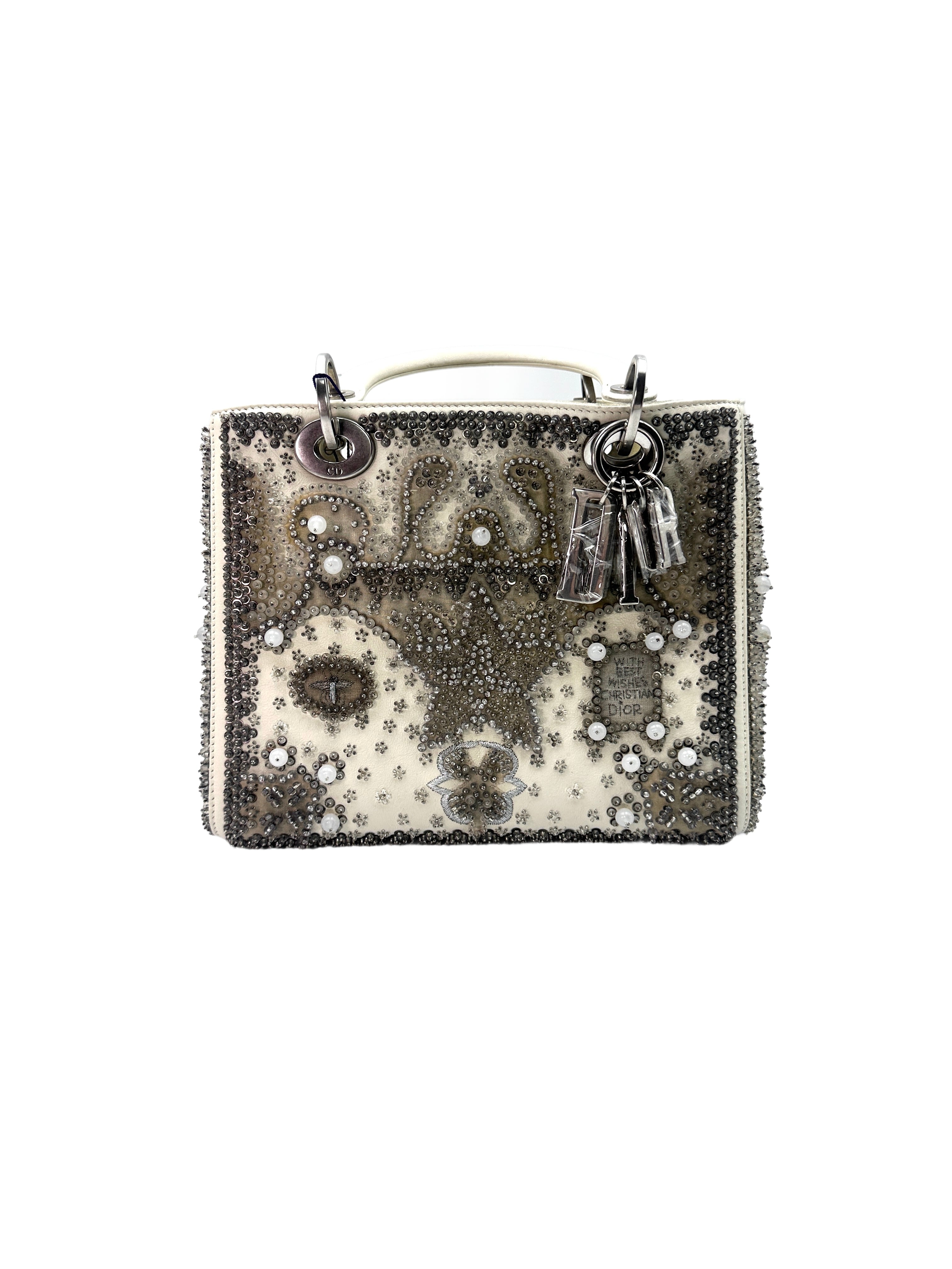 Christian Dior Lady Dior Embroidered And Beaded Lambskin Handle Bag With Silver Charms G050