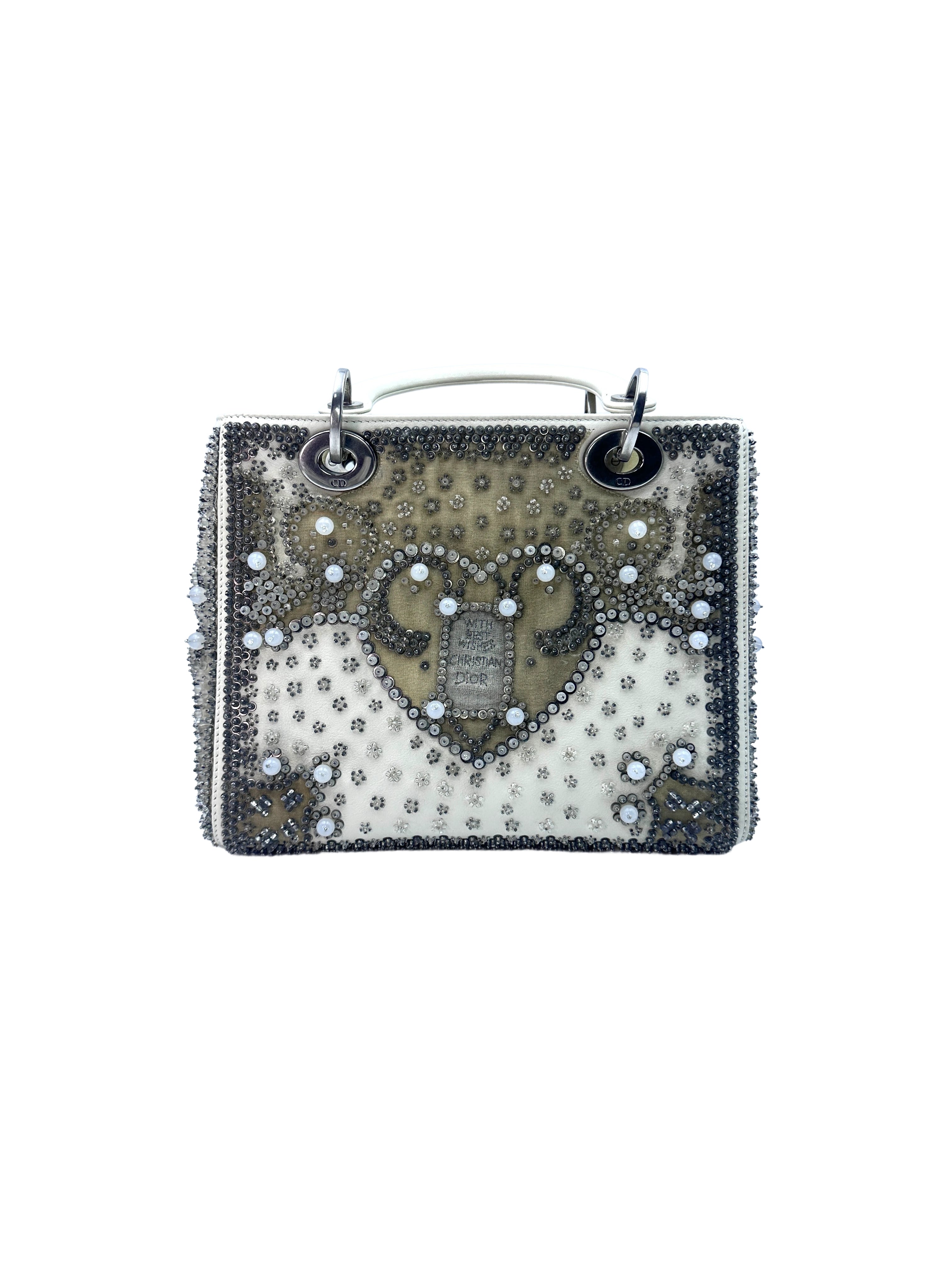 Christian Dior Lady Dior Embroidered And Beaded Lambskin Handle Bag With Silver Charms G050