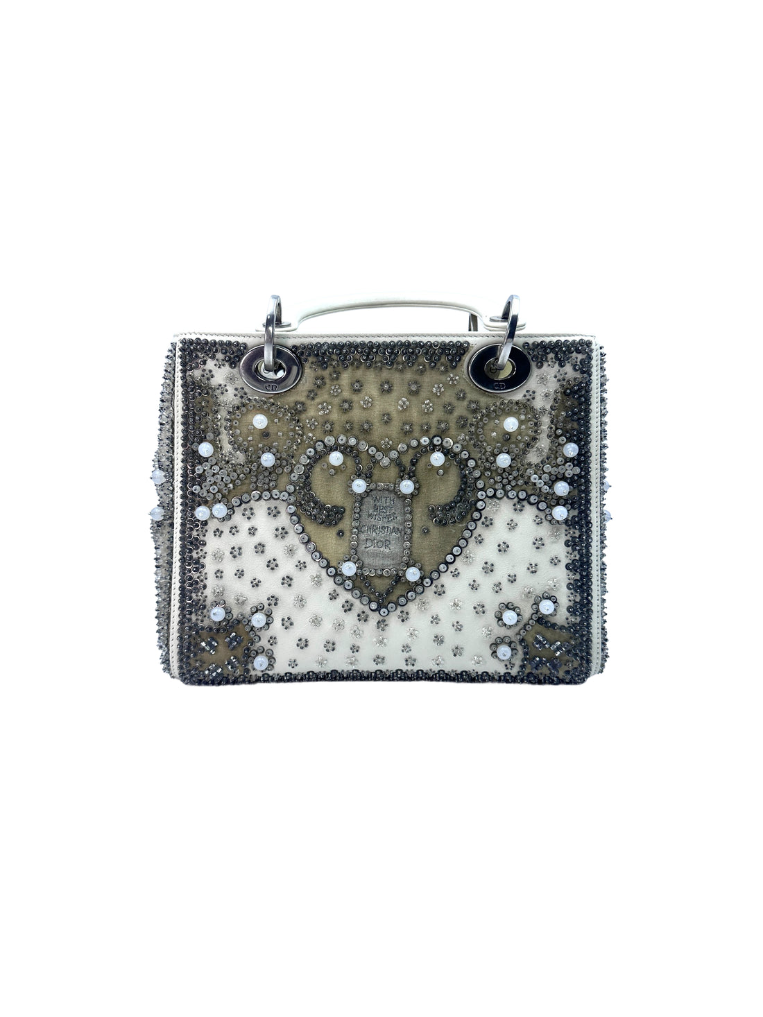 Christian Dior Lady Dior Embroidered And Beaded Lambskin Handle Bag With Silver Charms G050
