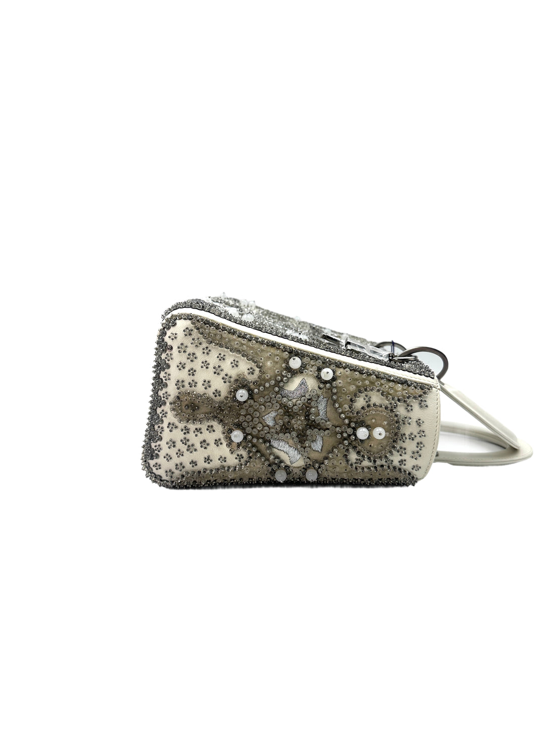 Christian Dior Lady Dior Embroidered And Beaded Lambskin Handle Bag With Silver Charms G050