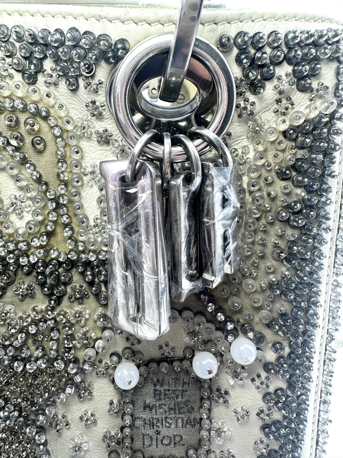 Christian Dior Lady Dior Embroidered And Beaded Lambskin Handle Bag With Silver Charms G050