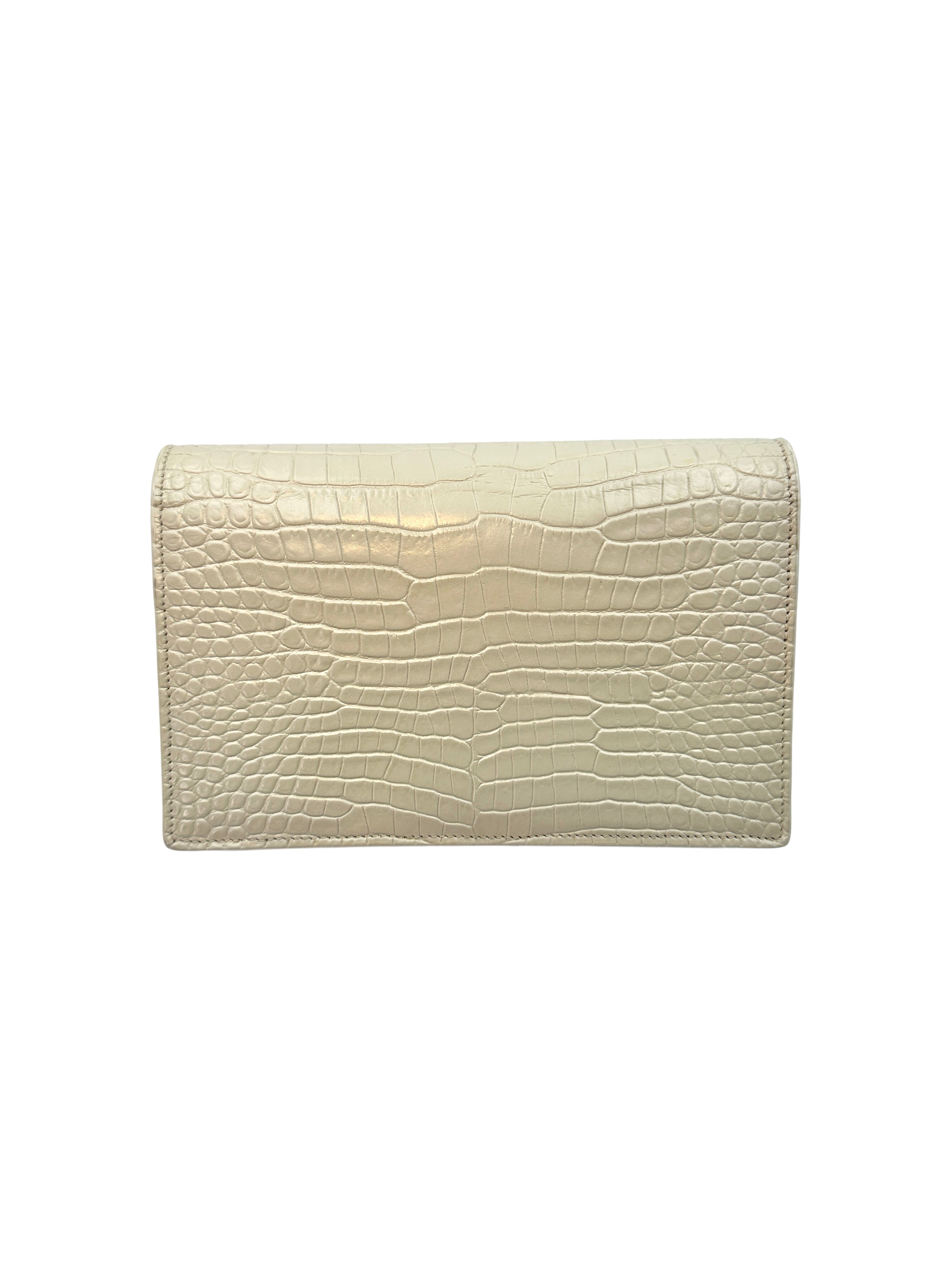 Saint Laurent Kate White Croc-Embossed Leather Flap Bag With Gold Hardware G061