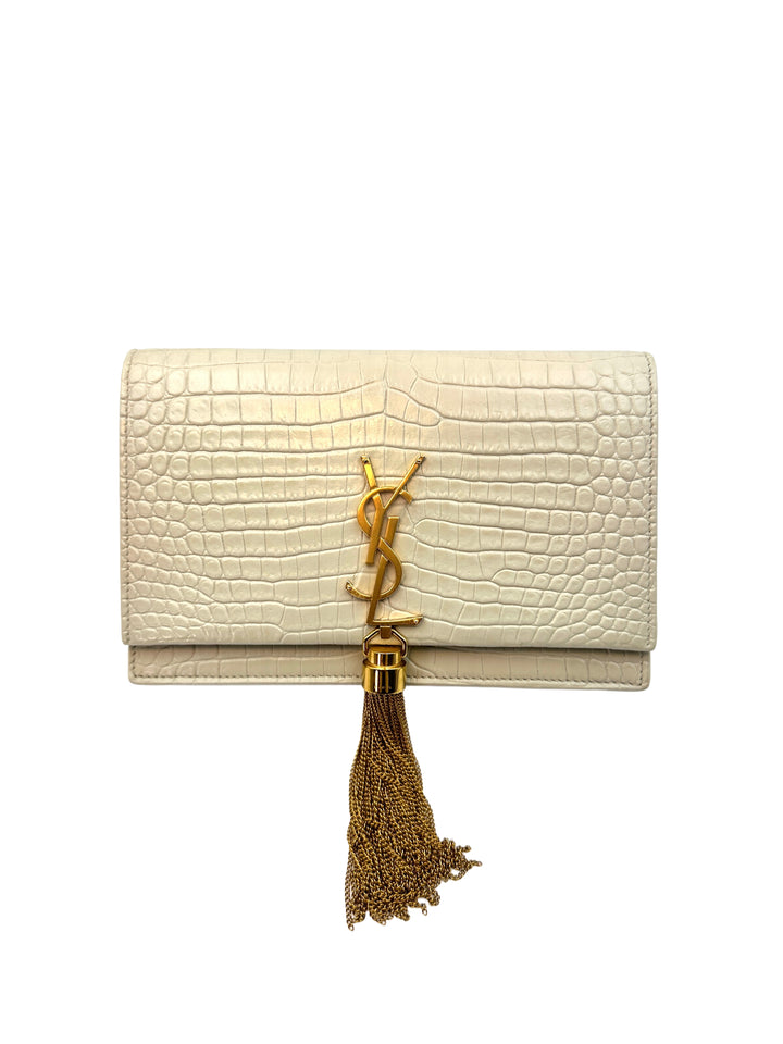 Saint Laurent Kate White Croc-Embossed Leather Flap Bag With Gold Hardware G061