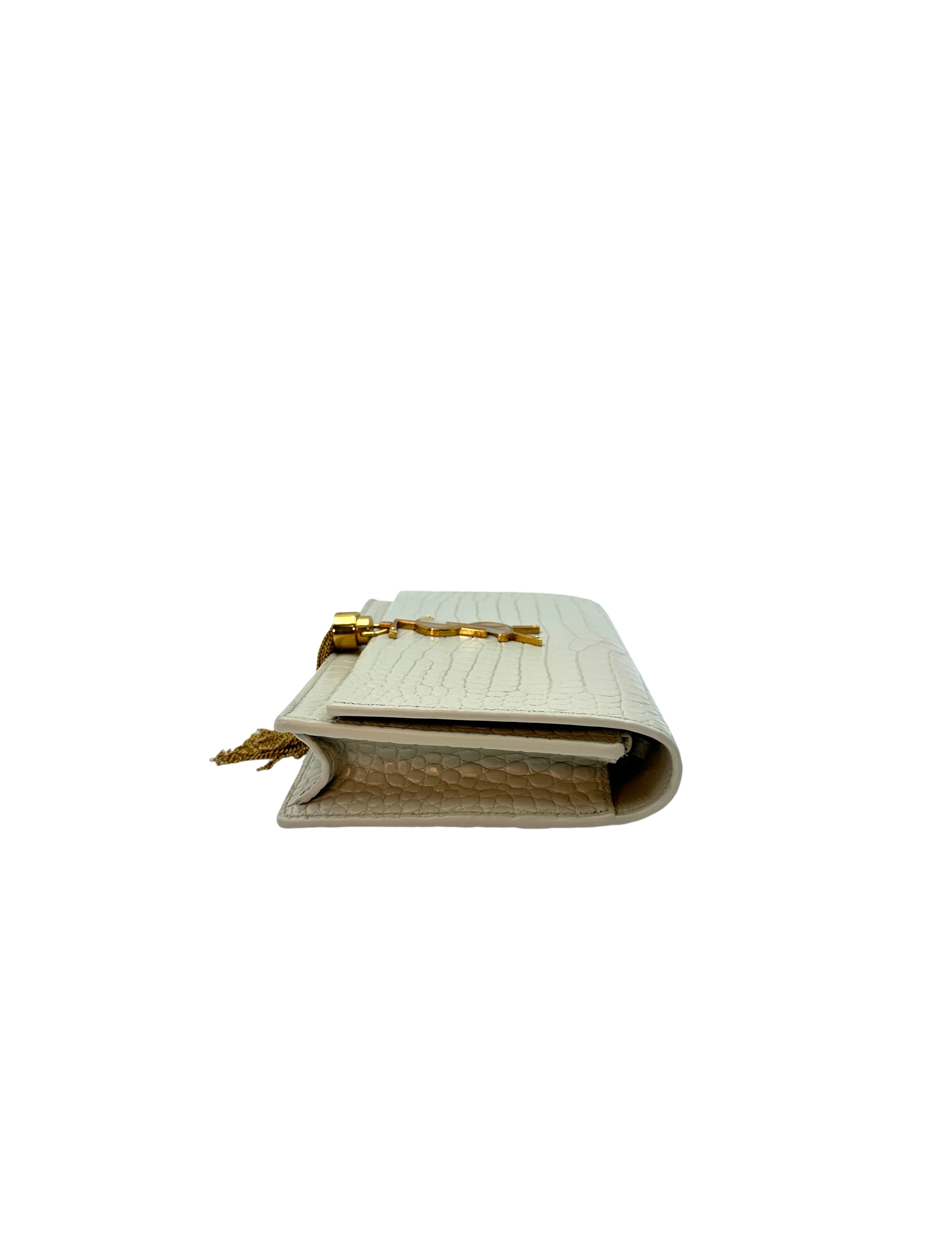 Saint Laurent Kate White Croc-Embossed Leather Flap Bag With Gold Hardware G061