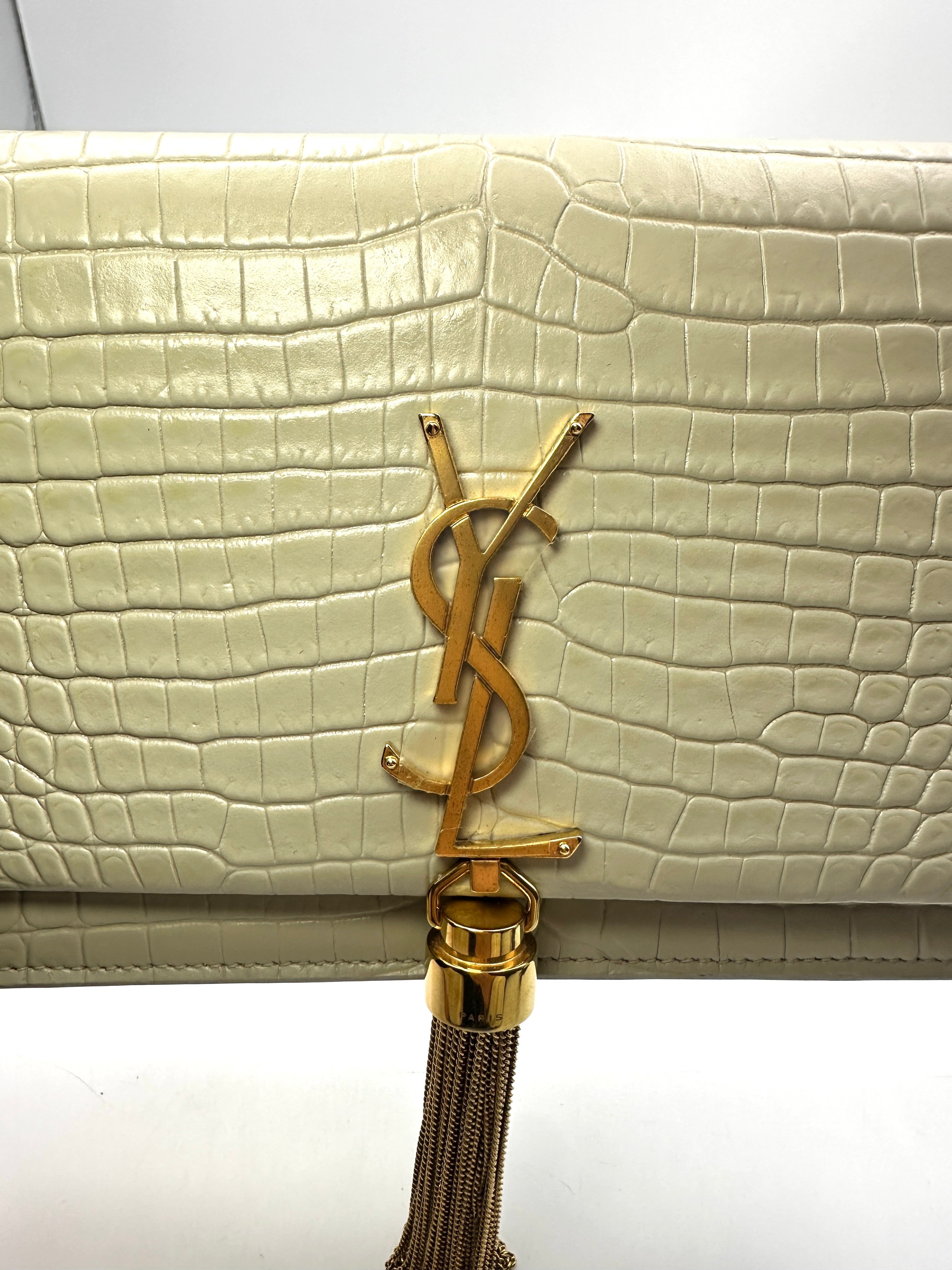 Saint Laurent Kate White Croc-Embossed Leather Flap Bag With Gold Hardware G061