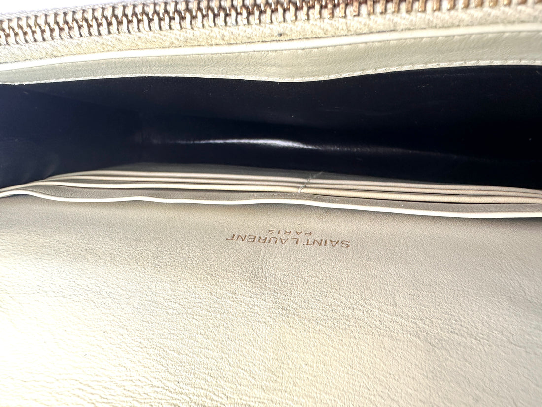 Saint Laurent Kate White Croc-Embossed Leather Flap Bag With Gold Hardware G061