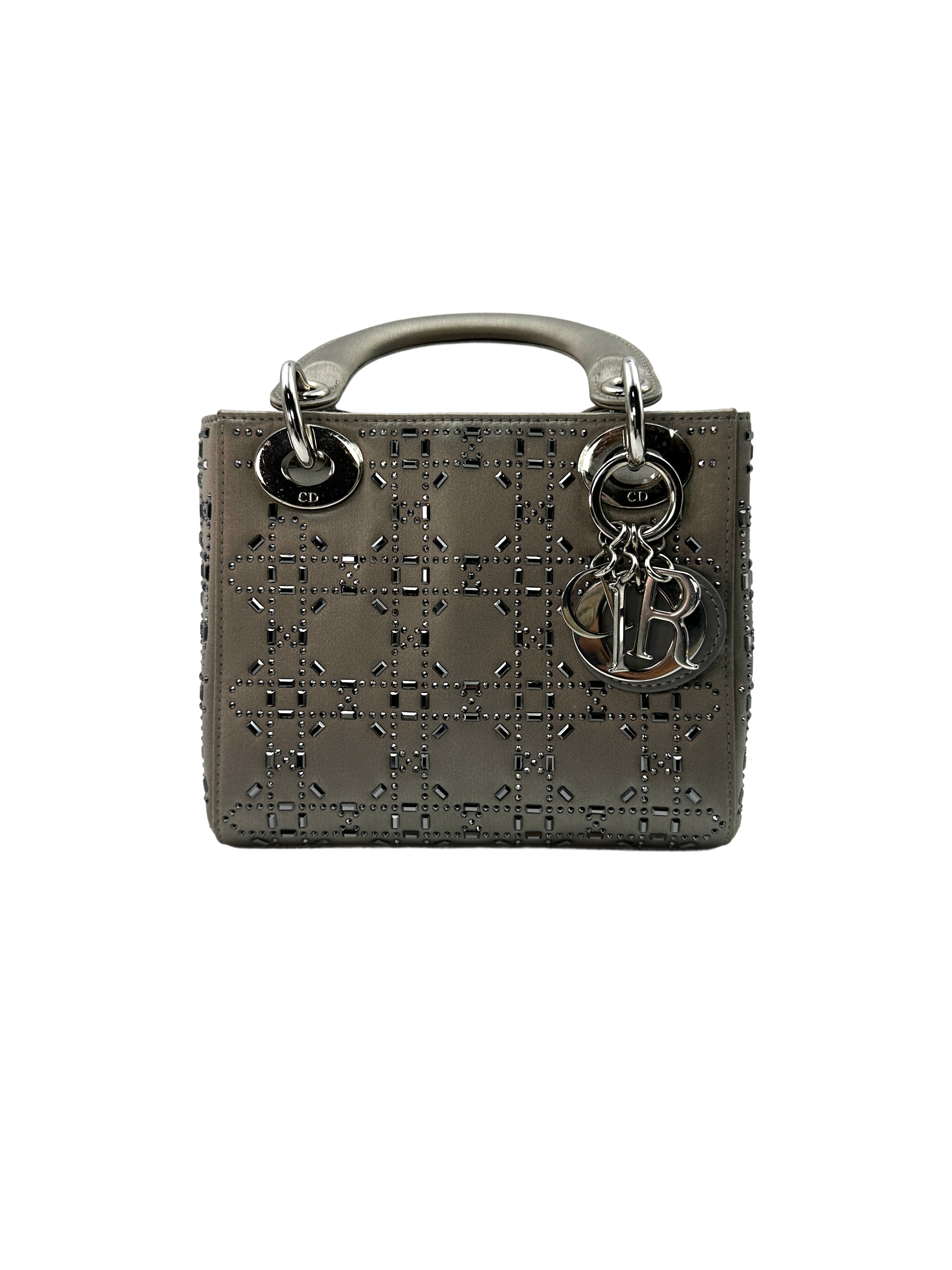 Christian Dior Lady Dior Crystal Embellished Grey Satin Cannage Leather Handle Bag With Silver Charms DR473