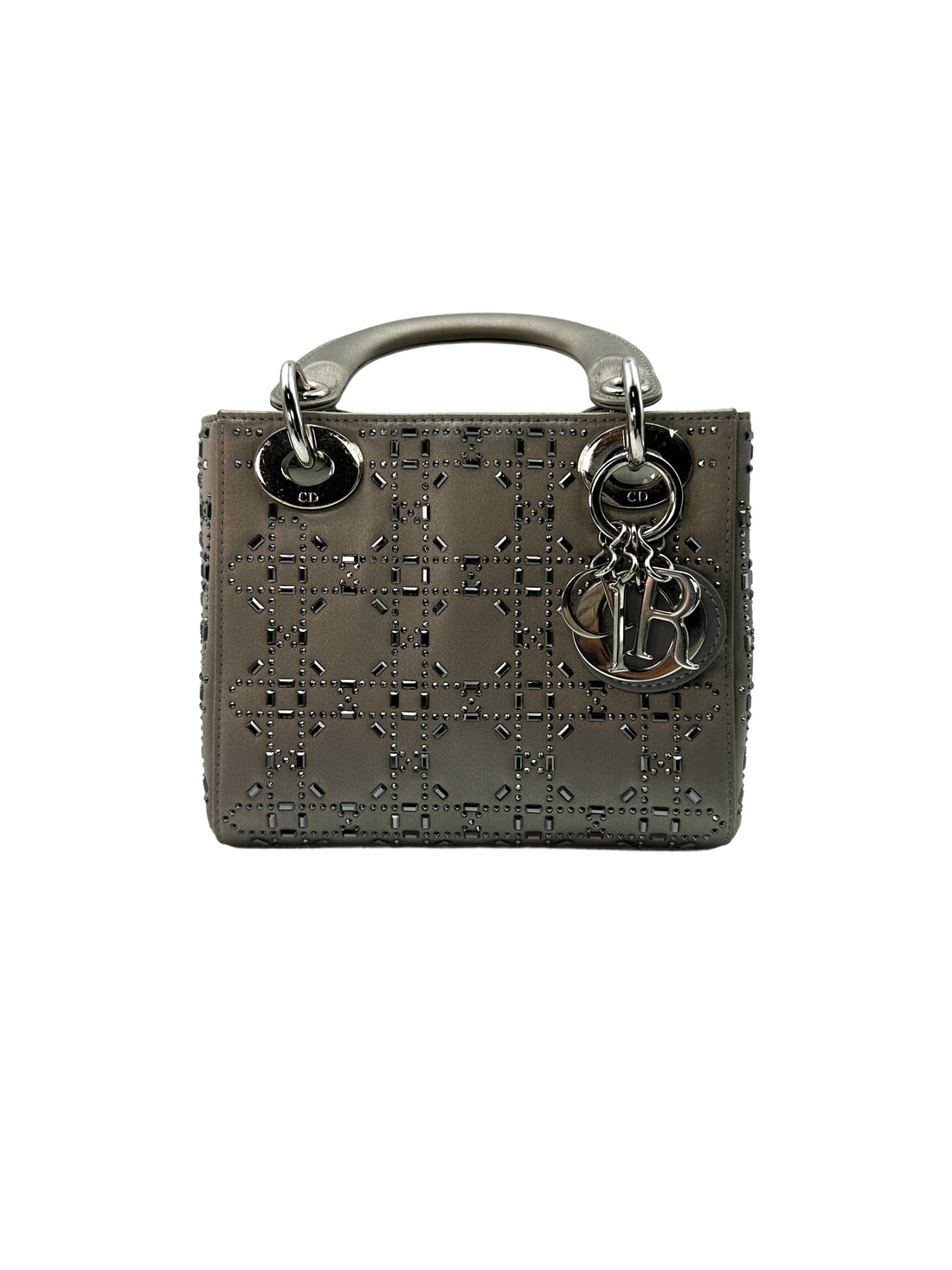 Christian Dior Lady Dior Crystal Embellished Grey Satin Cannage Leather Handle Bag With Silver Charms DR473