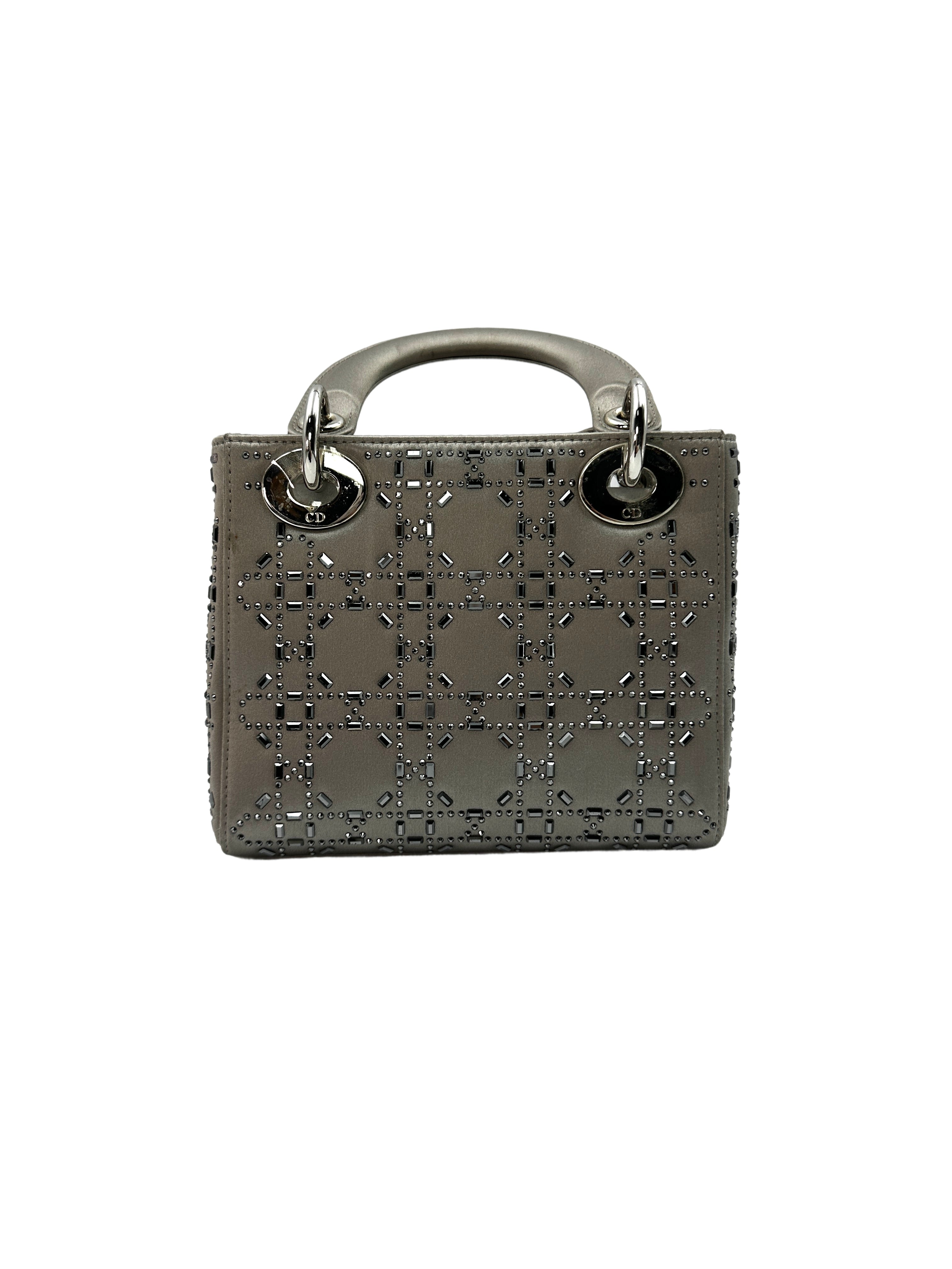 Christian Dior Lady Dior Crystal Embellished Grey Satin Cannage Leather Handle Bag With Silver Charms DR473