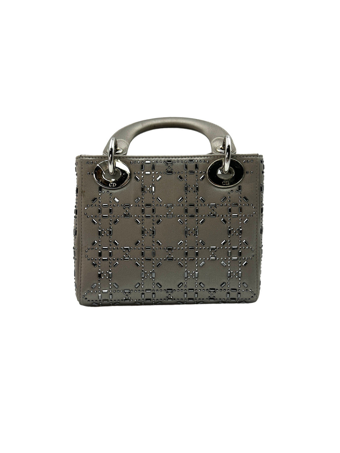 Christian Dior Lady Dior Crystal Embellished Grey Satin Cannage Leather Handle Bag With Silver Charms DR473
