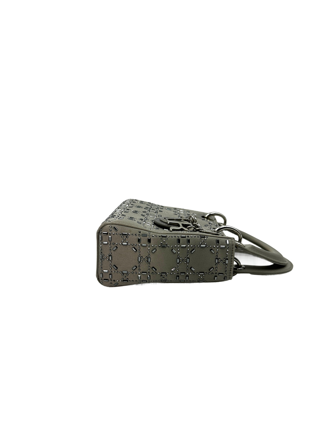 Christian Dior Lady Dior Crystal Embellished Grey Satin Cannage Leather Handle Bag With Silver Charms DR473