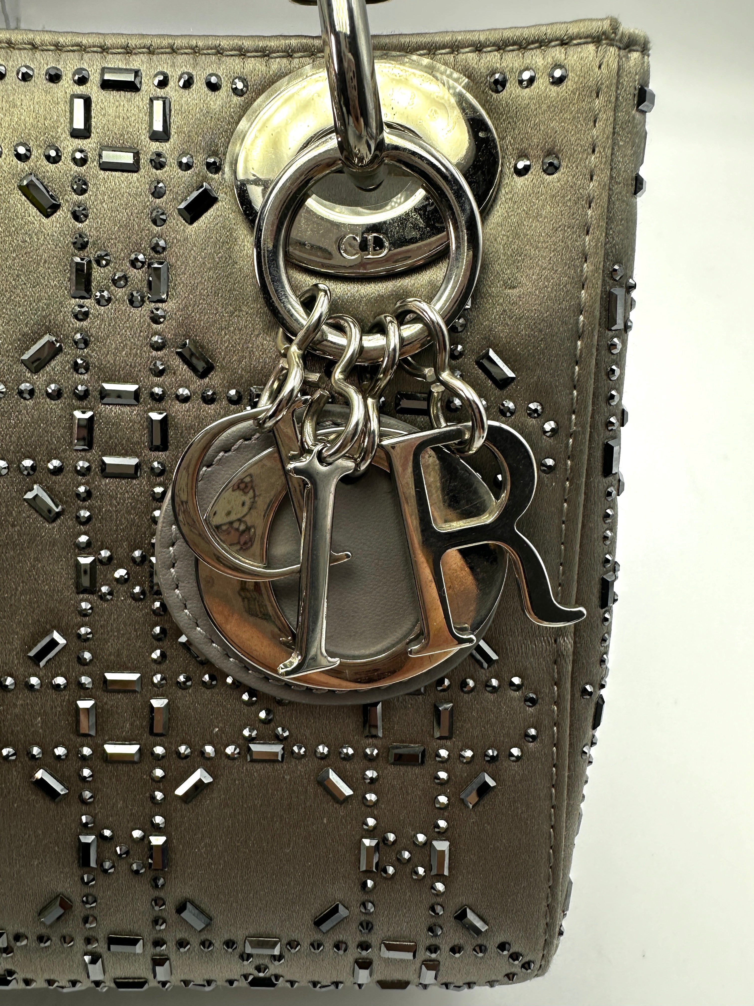 Christian Dior Lady Dior Crystal Embellished Grey Satin Cannage Leather Handle Bag With Silver Charms DR473