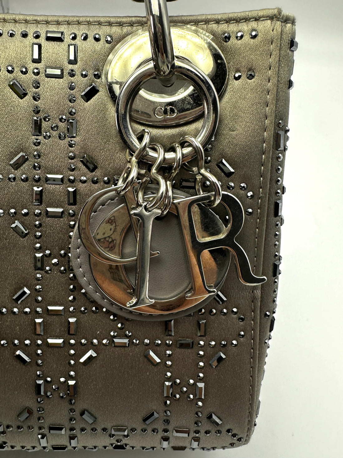 Christian Dior Lady Dior Crystal Embellished Grey Satin Cannage Leather Handle Bag With Silver Charms DR473