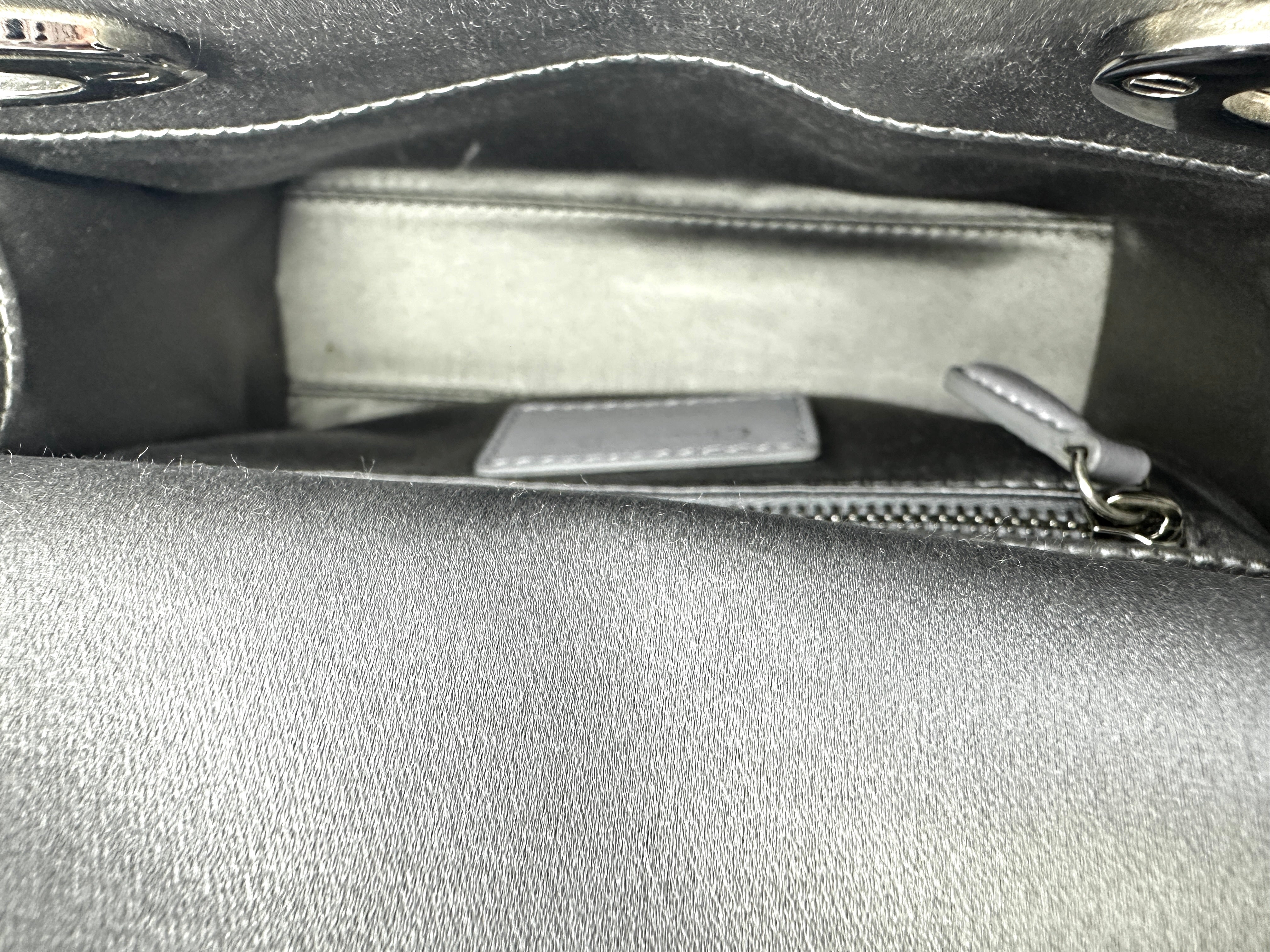 Christian Dior Lady Dior Crystal Embellished Grey Satin Cannage Leather Handle Bag With Silver Charms DR473