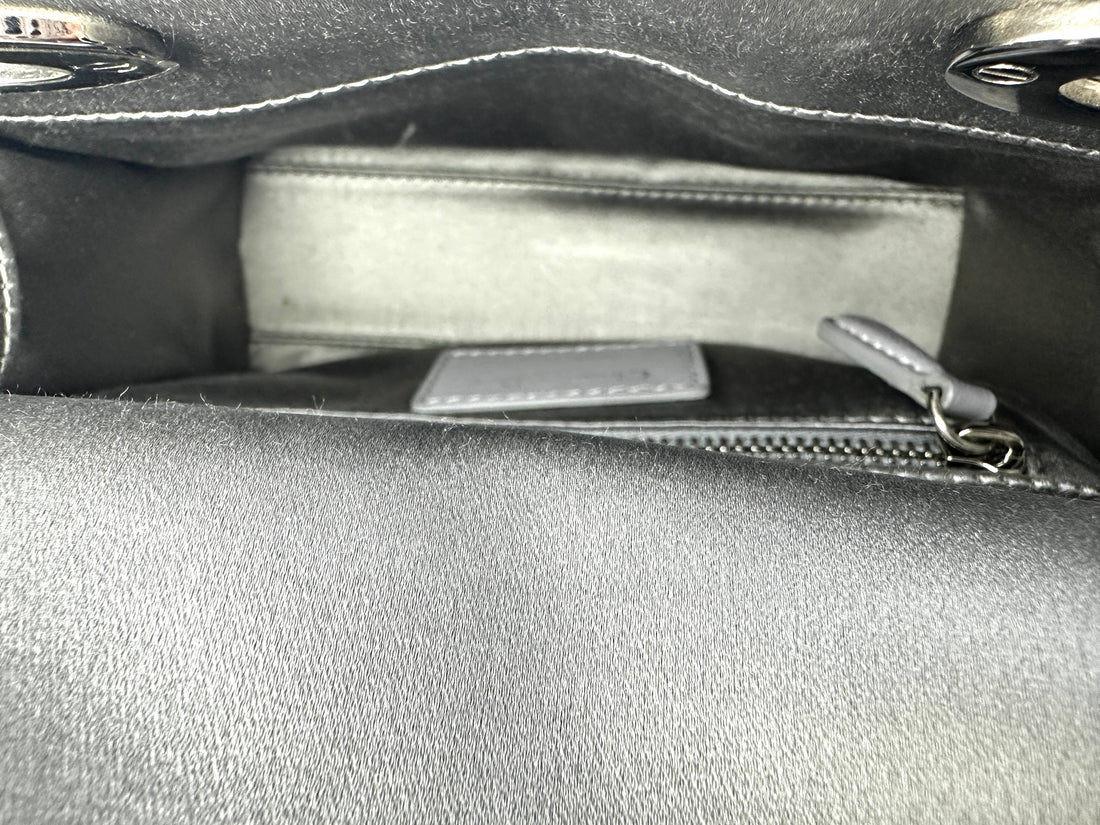 Christian Dior Lady Dior Crystal Embellished Grey Satin Cannage Leather Handle Bag With Silver Charms DR473