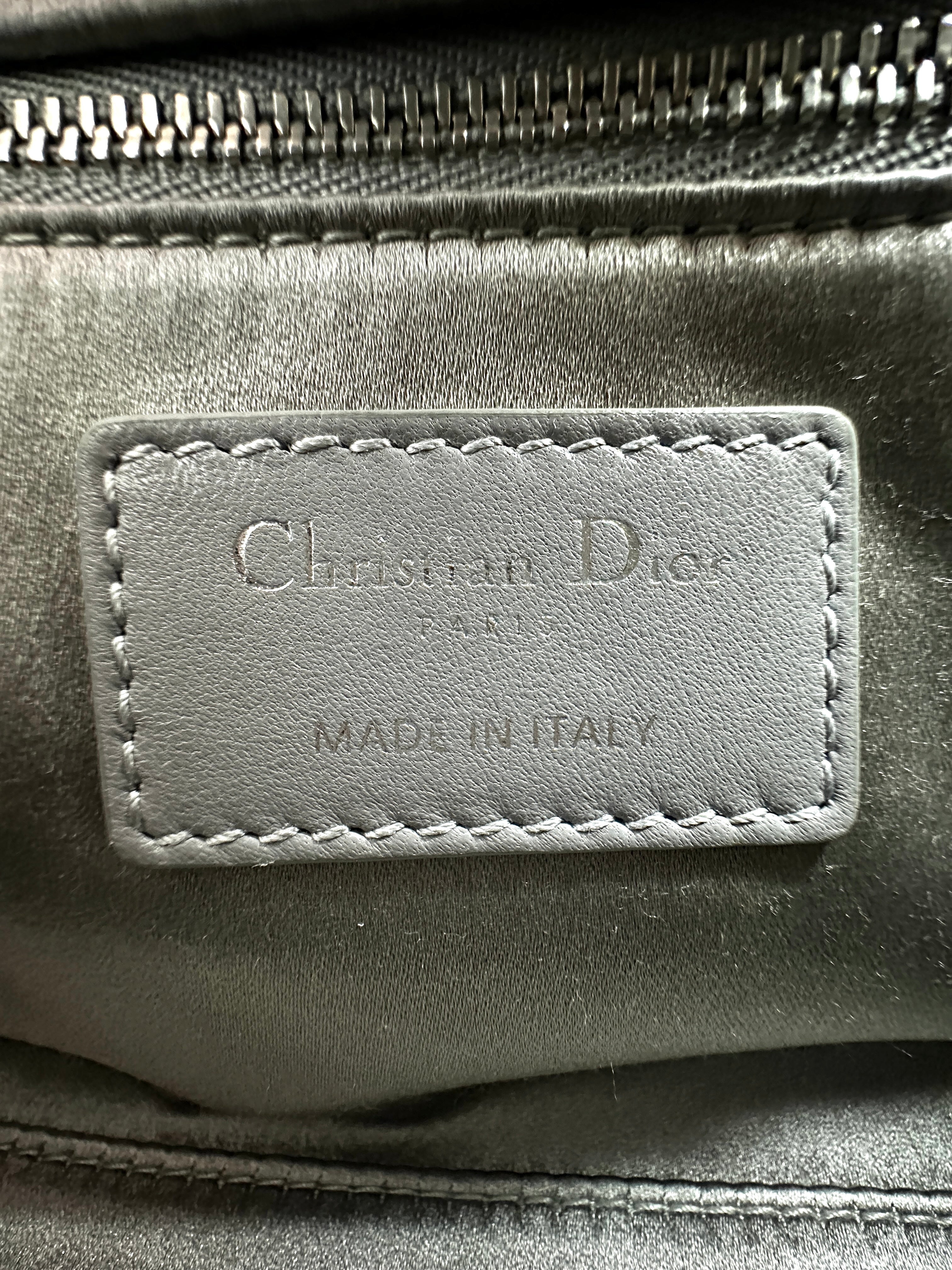 Christian Dior Lady Dior Crystal Embellished Grey Satin Cannage Leather Handle Bag With Silver Charms DR473