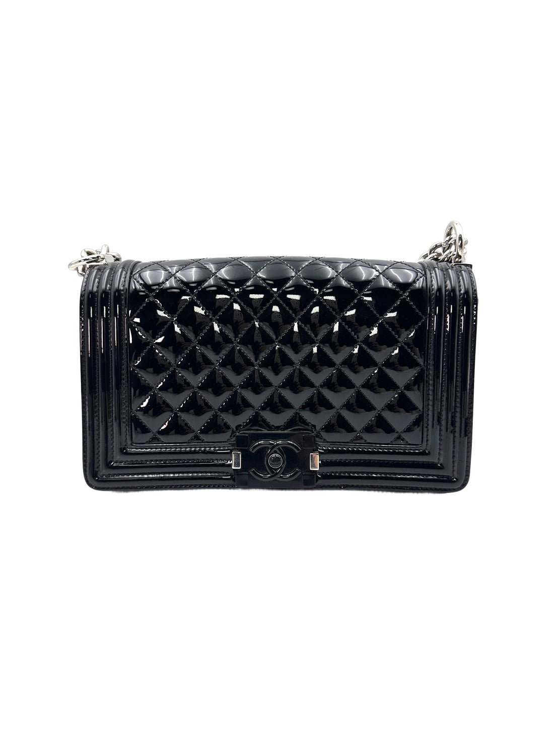 Chanel LeBoy Black Quilted Patent Leather Flap Bag With Black Buckle(22***40) G078