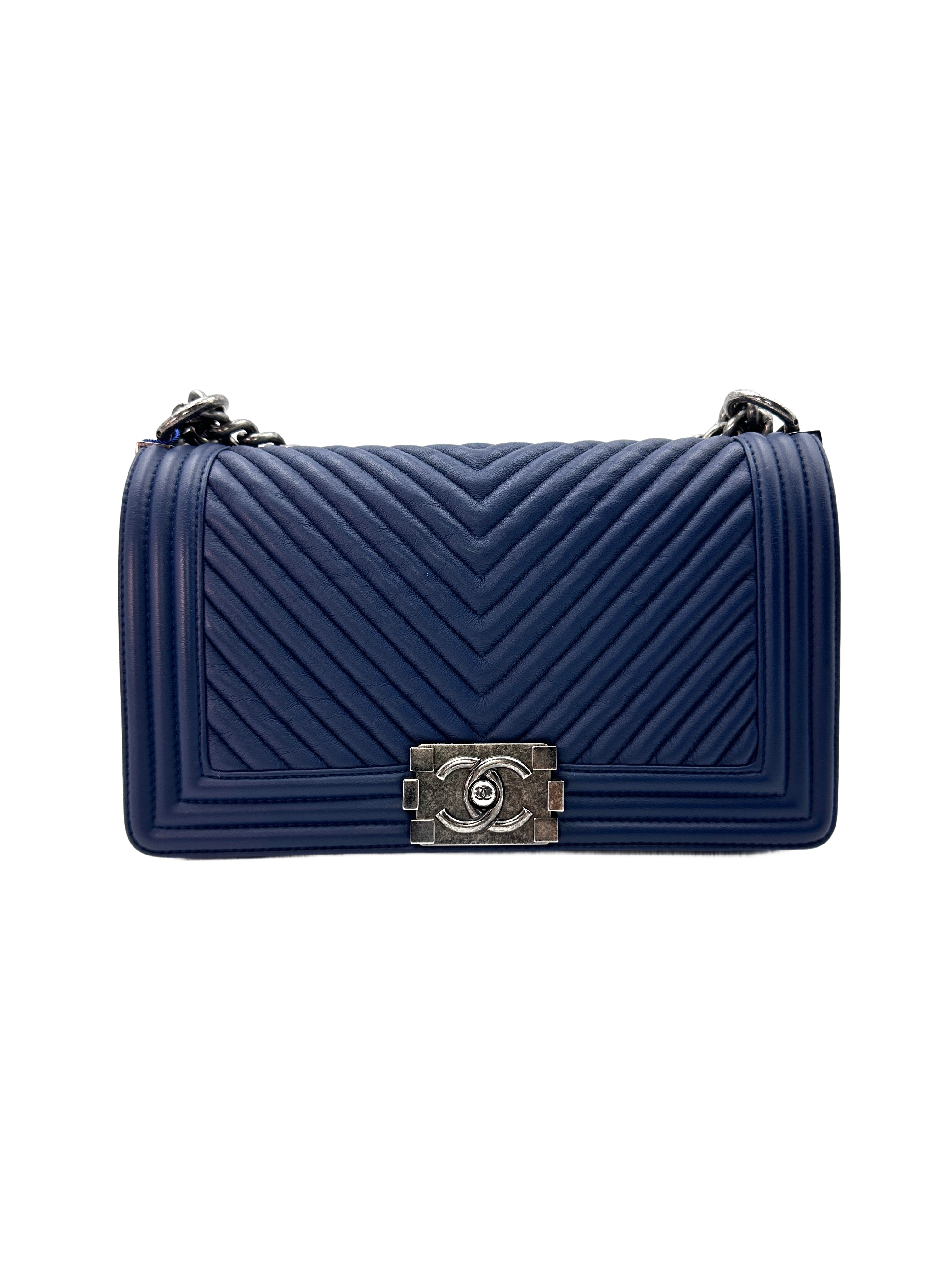 Chanel LeBoy Navy Blue Chevron Quilted Calfskin Flap Bag With Silver Buckle(20***05) G087