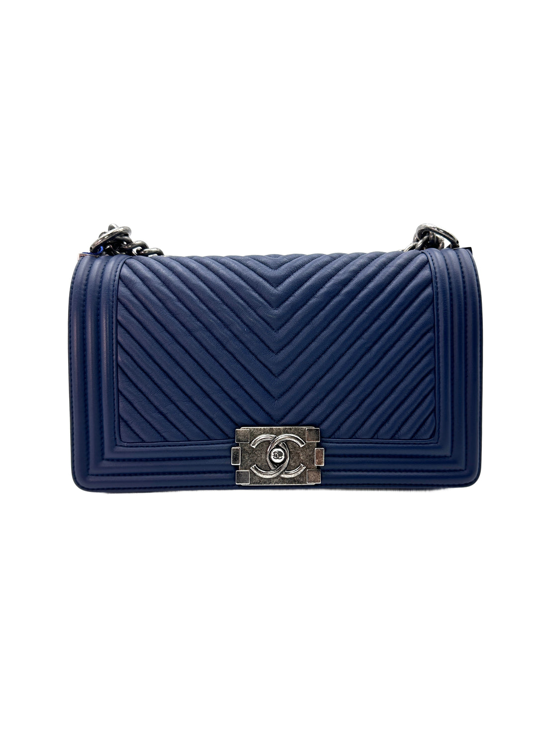 Chanel LeBoy Navy Blue Chevron Quilted Calfskin Flap Bag With Silver Buckle(20***05) G087