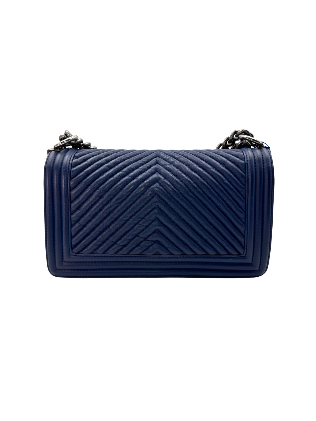 Chanel LeBoy Navy Blue Chevron Quilted Calfskin Flap Bag With Silver Buckle(20***05) G087