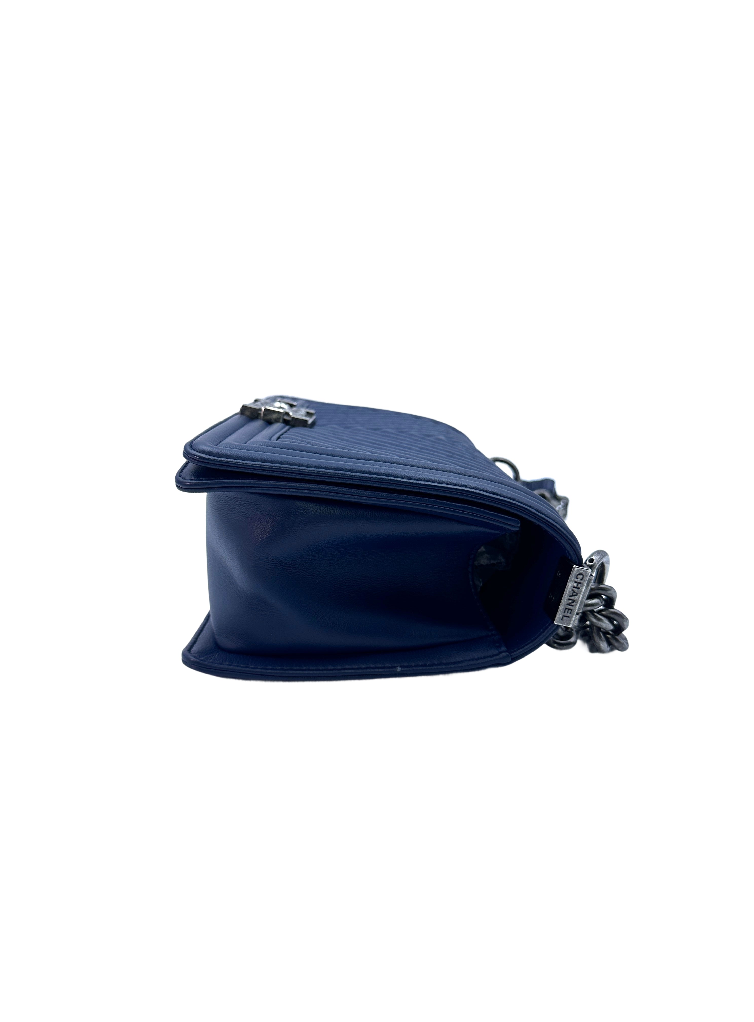Chanel LeBoy Navy Blue Chevron Quilted Calfskin Flap Bag With Silver Buckle(20***05) G087