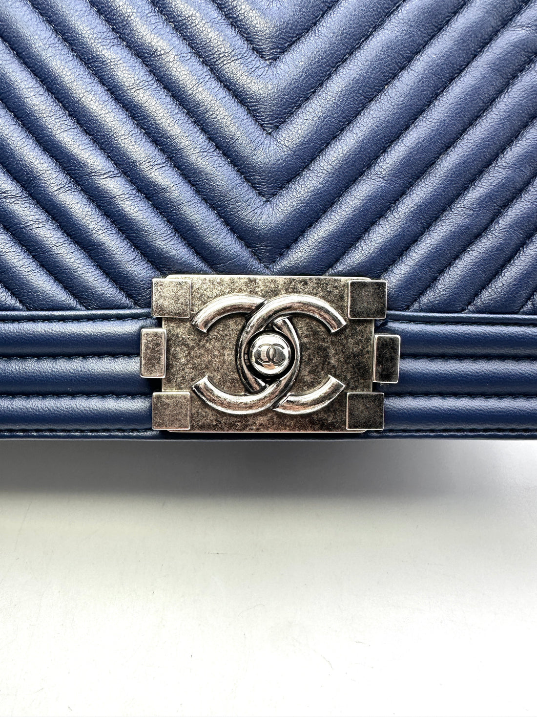 Chanel LeBoy Navy Blue Chevron Quilted Calfskin Flap Bag With Silver Buckle(20***05) G087