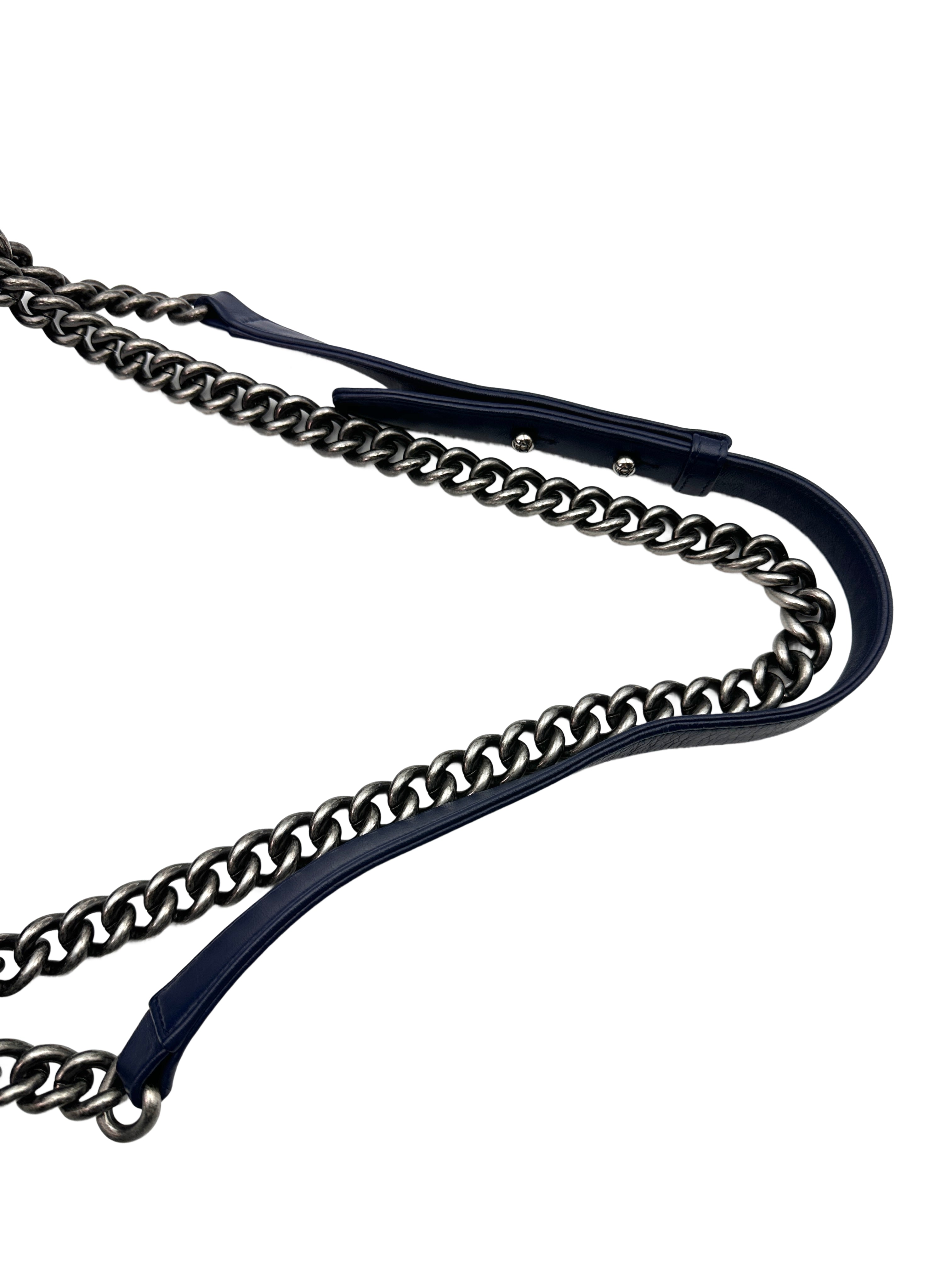 Chanel LeBoy Navy Blue Chevron Quilted Calfskin Flap Bag With Silver Buckle(20***05) G087