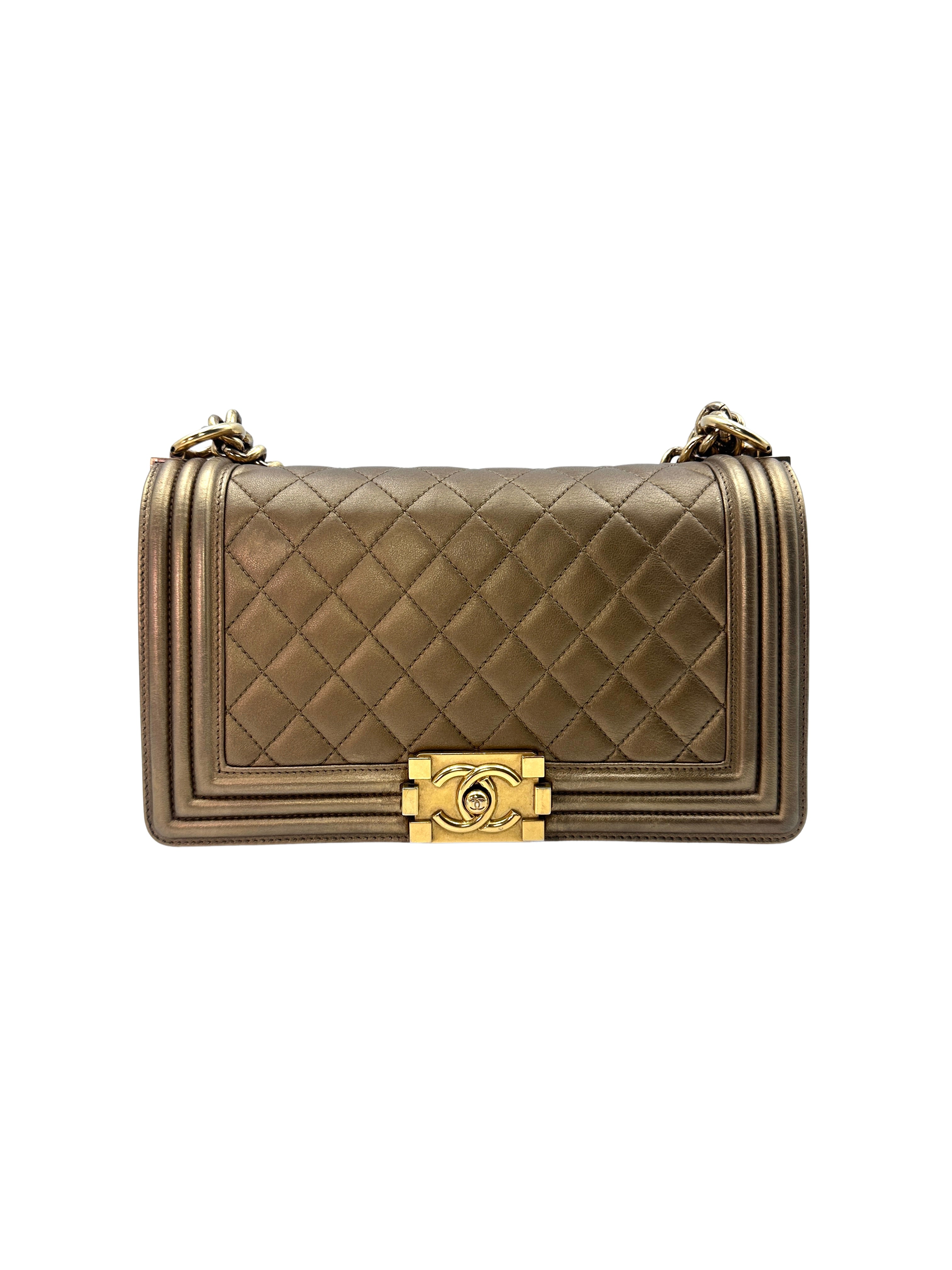 Chanel LeBoy Gold Quilted Leather Medium Size Flap Bag With Gold Buckle(16***32) CC1375