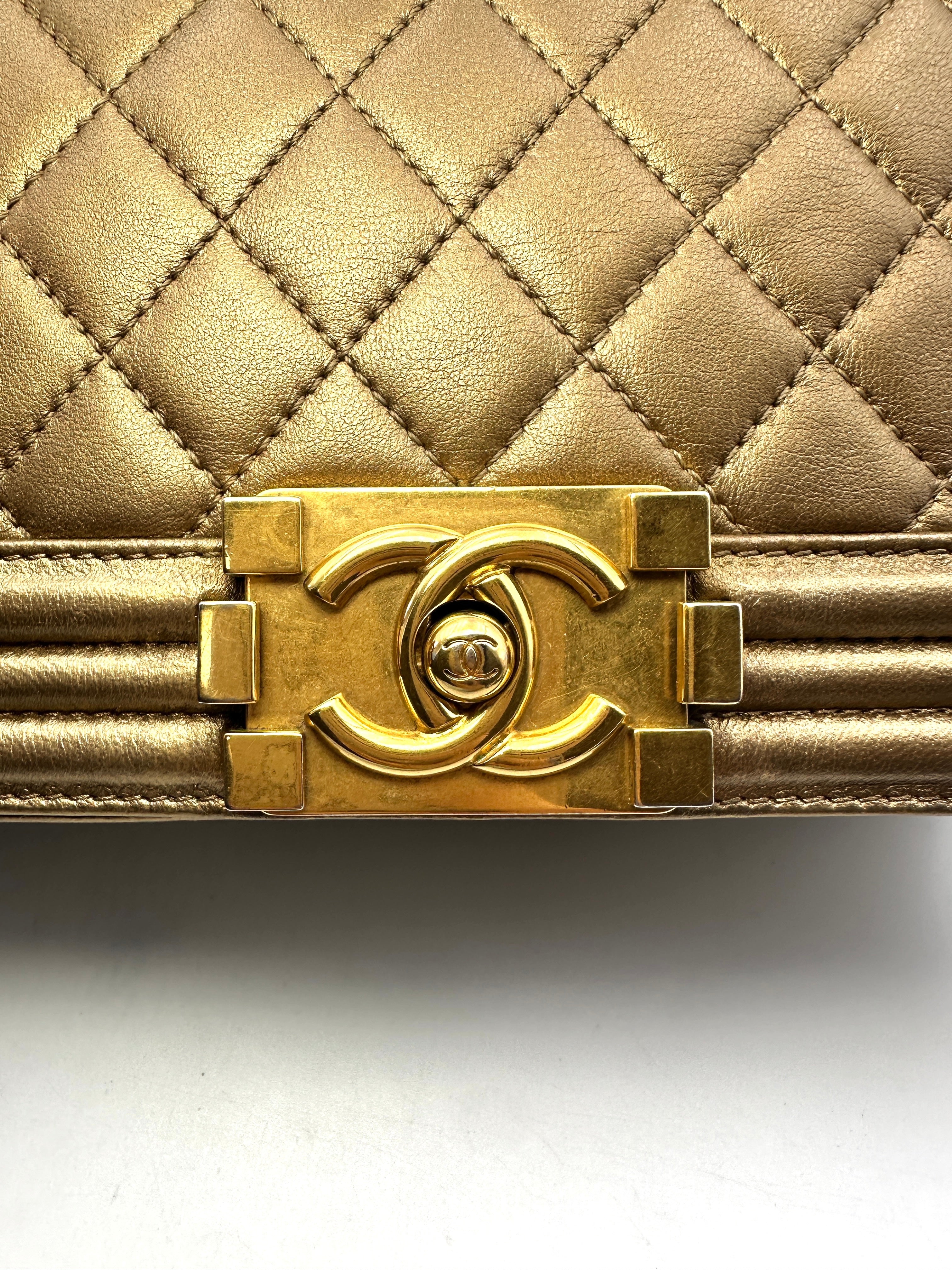 Chanel LeBoy Gold Quilted Leather Medium Size Flap Bag With Gold Buckle(16***32) CC1375