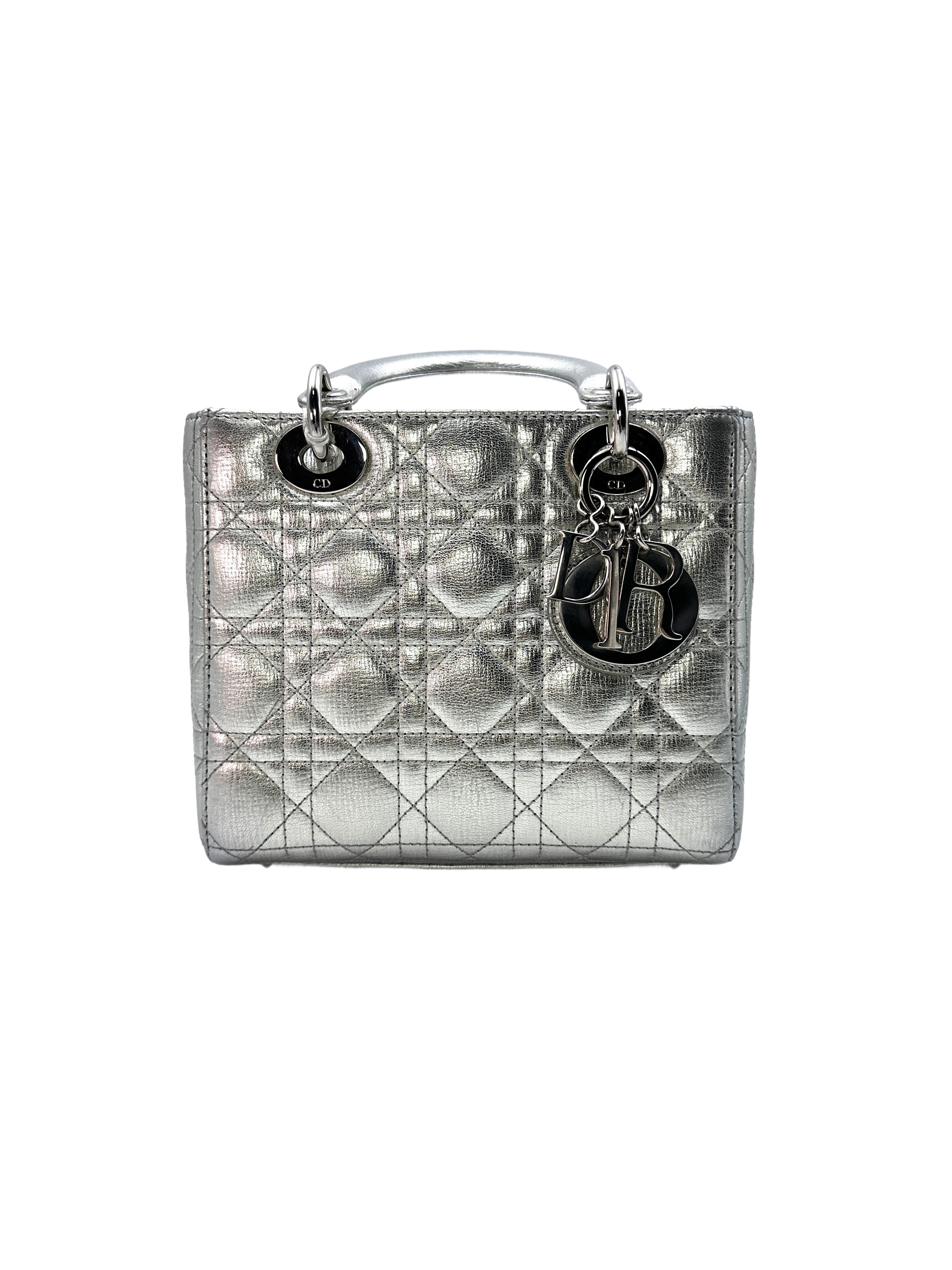 Christian Dior Lady Dior Silver Cannage Leather Handle Bag With Sliver Charms DR475