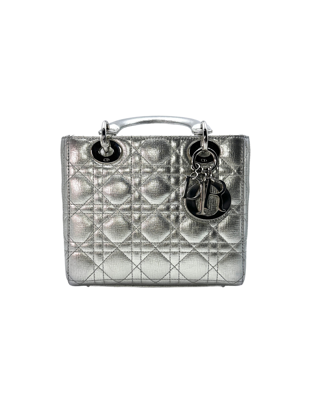 Christian Dior Lady Dior Silver Cannage Leather Handle Bag With Sliver Charms DR475