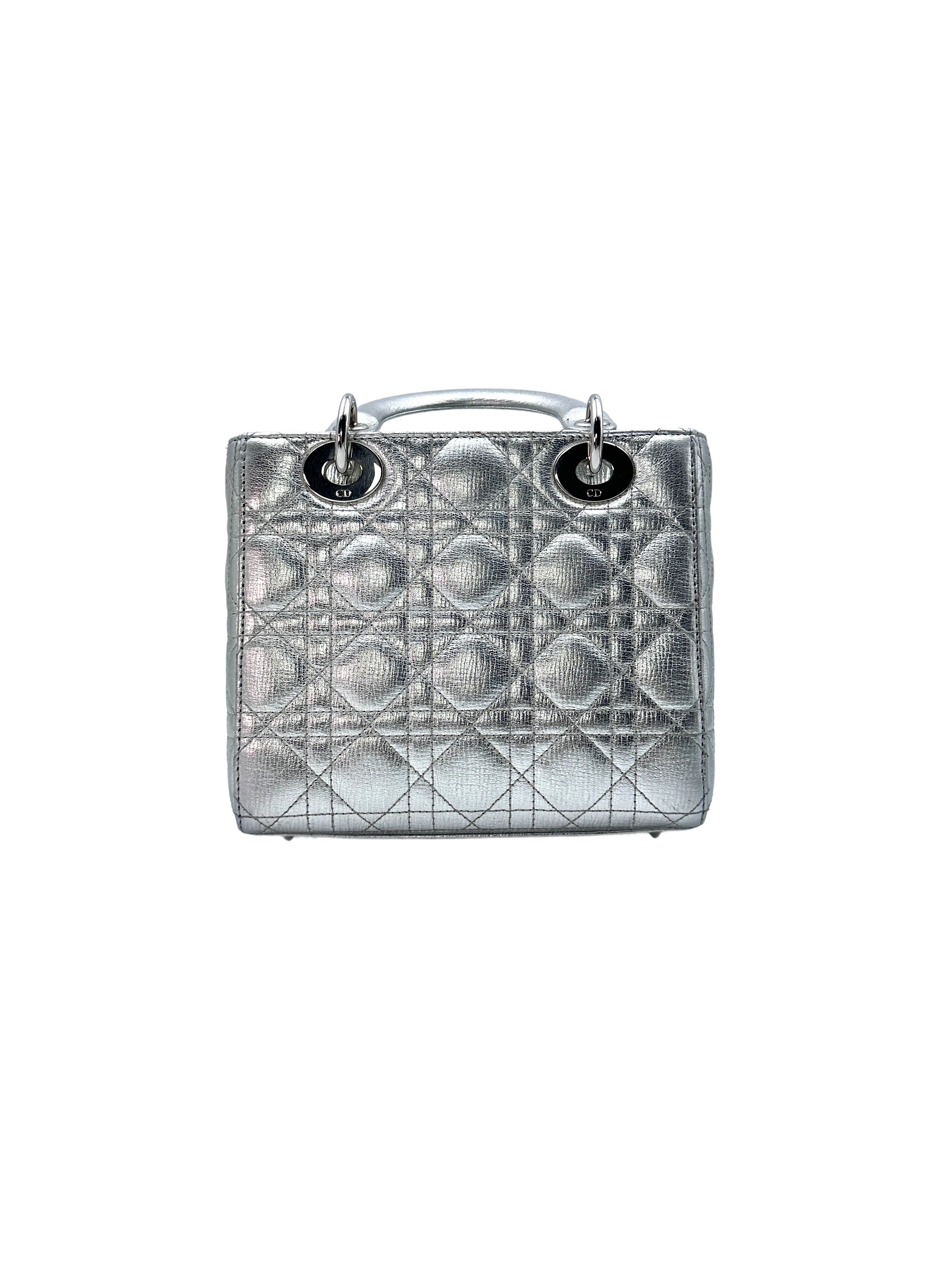 Christian Dior Lady Dior Silver Cannage Leather Handle Bag With Sliver Charms DR475
