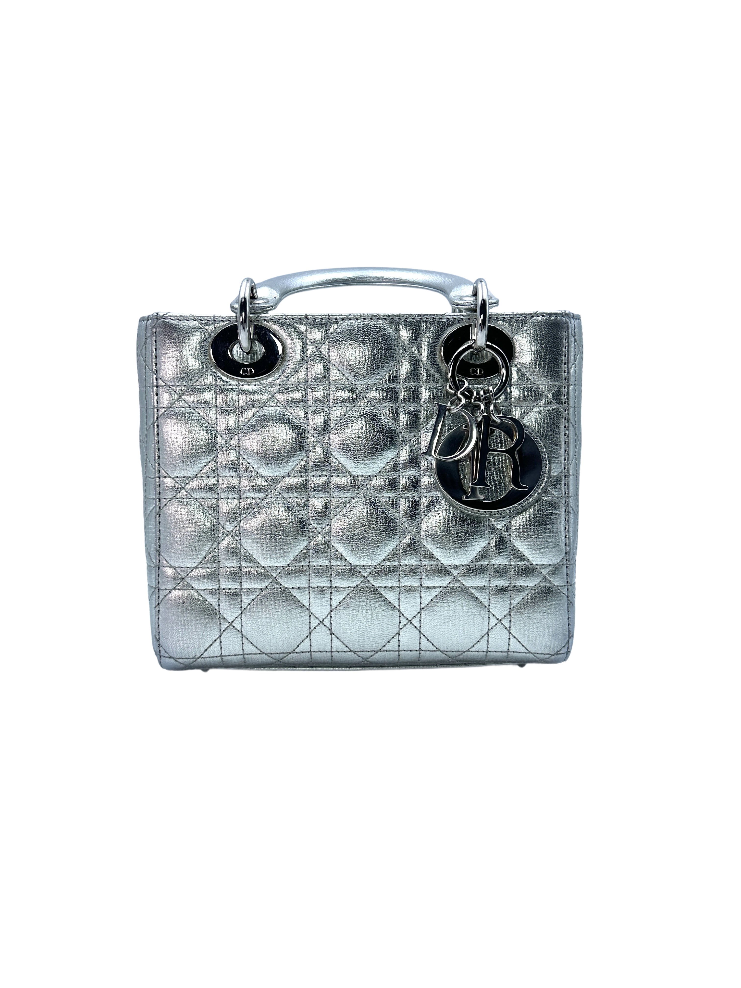 Christian Dior Lady Dior Silver Cannage Leather Handle Bag With Sliver Charms DR475