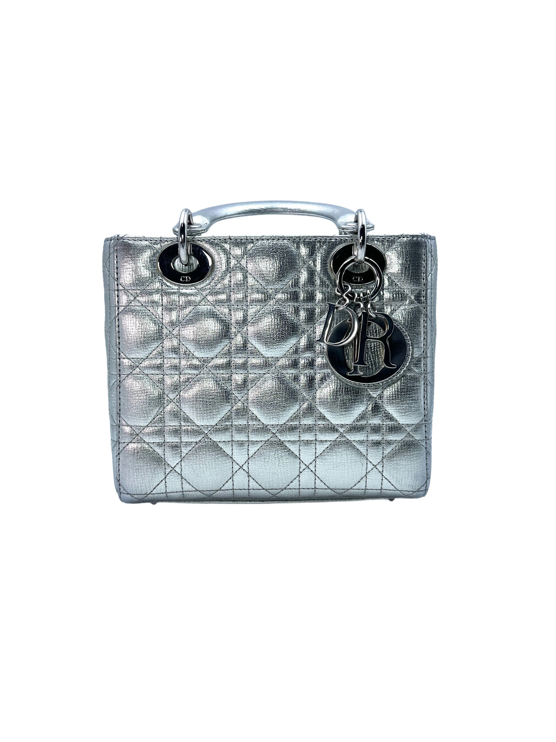 Christian Dior Lady Dior Silver Cannage Leather Handle Bag With Sliver Charms DR475