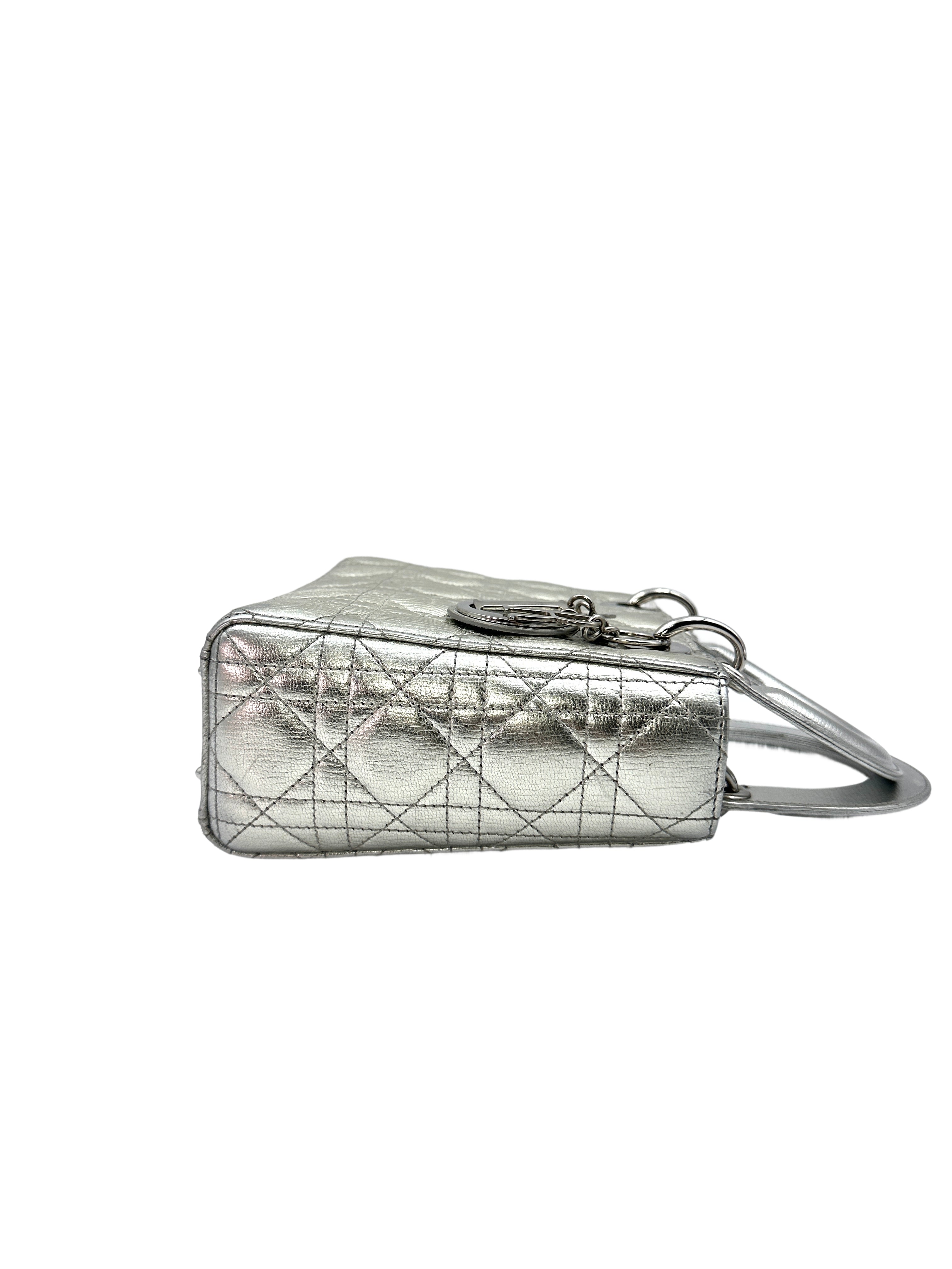 Christian Dior Lady Dior Silver Cannage Leather Handle Bag With Sliver Charms DR475