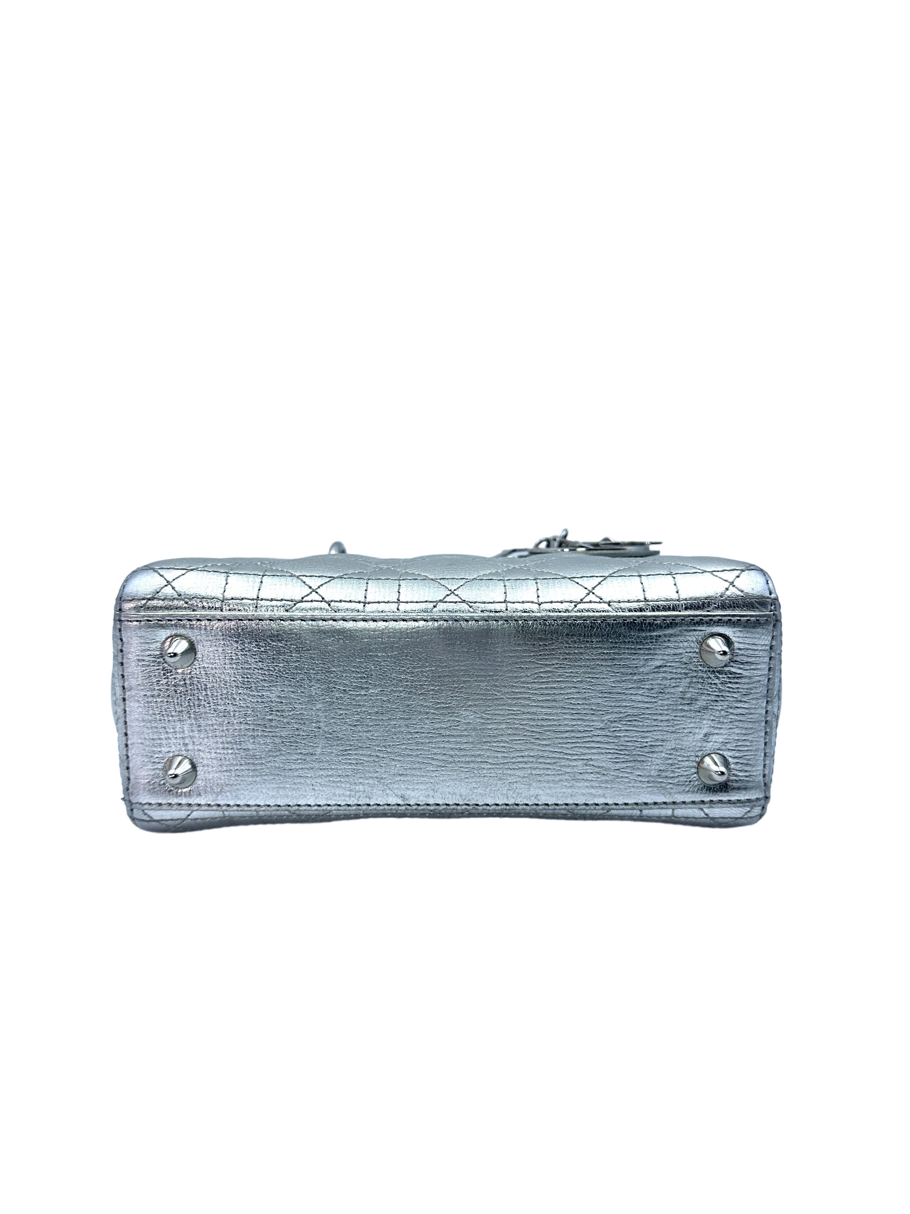 Christian Dior Lady Dior Silver Cannage Leather Handle Bag With Sliver Charms DR475