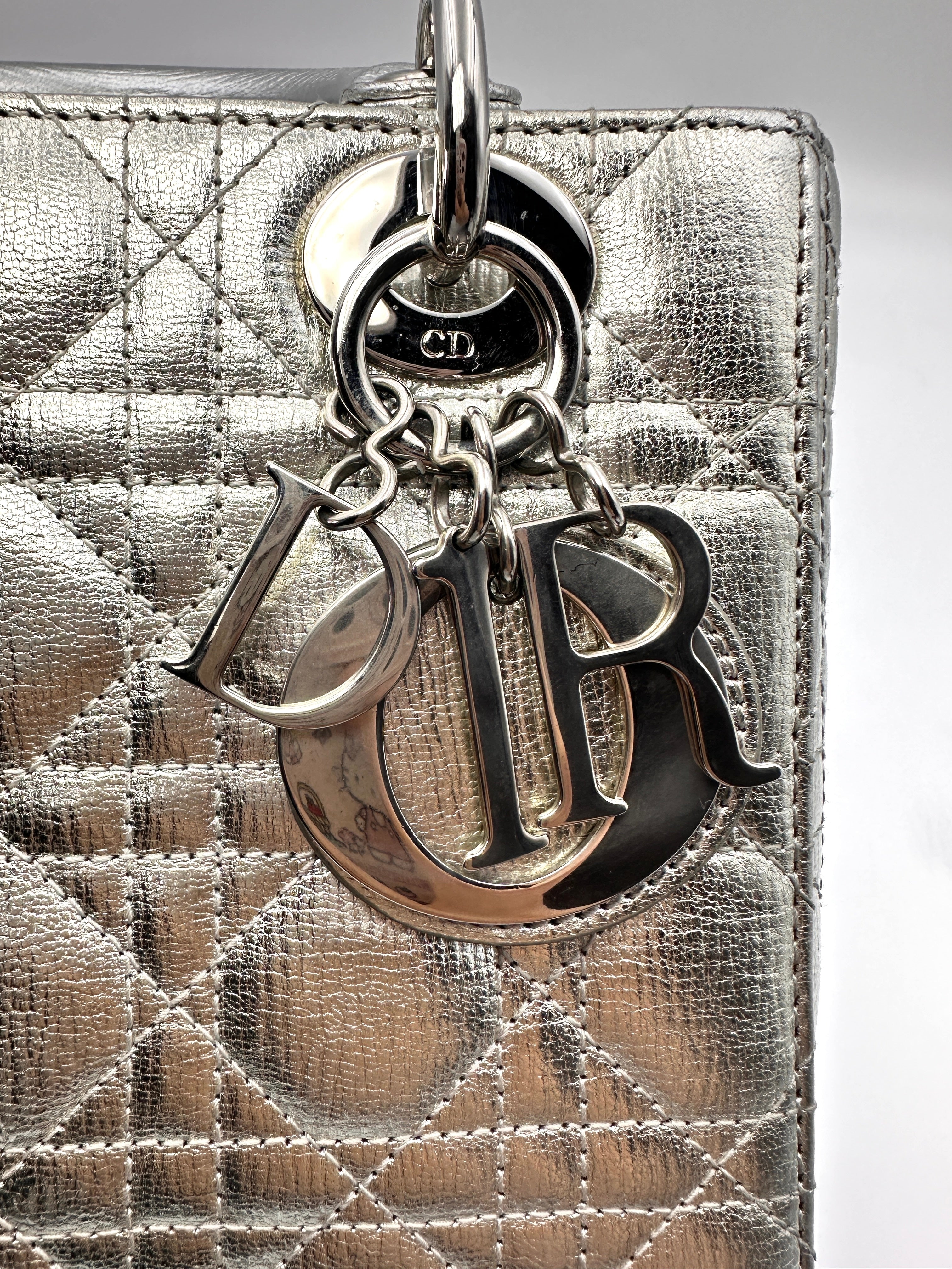 Christian Dior Lady Dior Silver Cannage Leather Handle Bag With Sliver Charms DR475