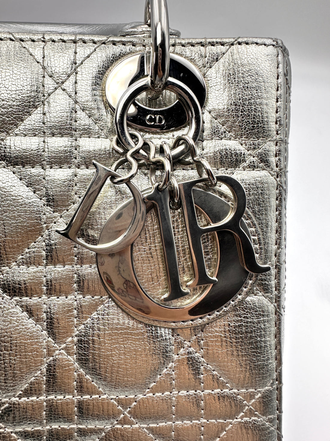 Christian Dior Lady Dior Silver Cannage Leather Handle Bag With Sliver Charms DR475