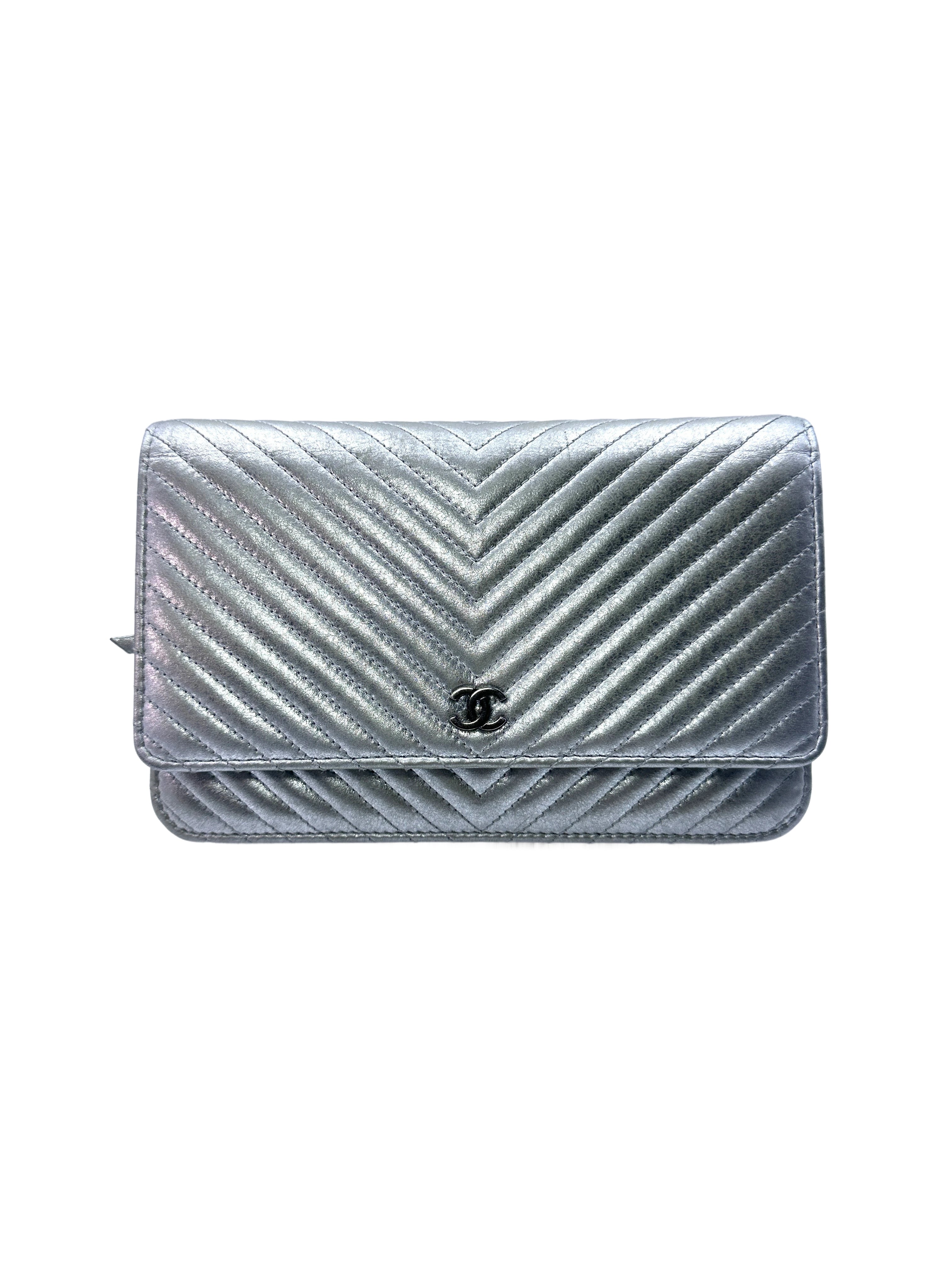 Chanel Chevron V Stitch Sliver Leather Wallet On Chain With Silver Buckle(22***94) CC1381