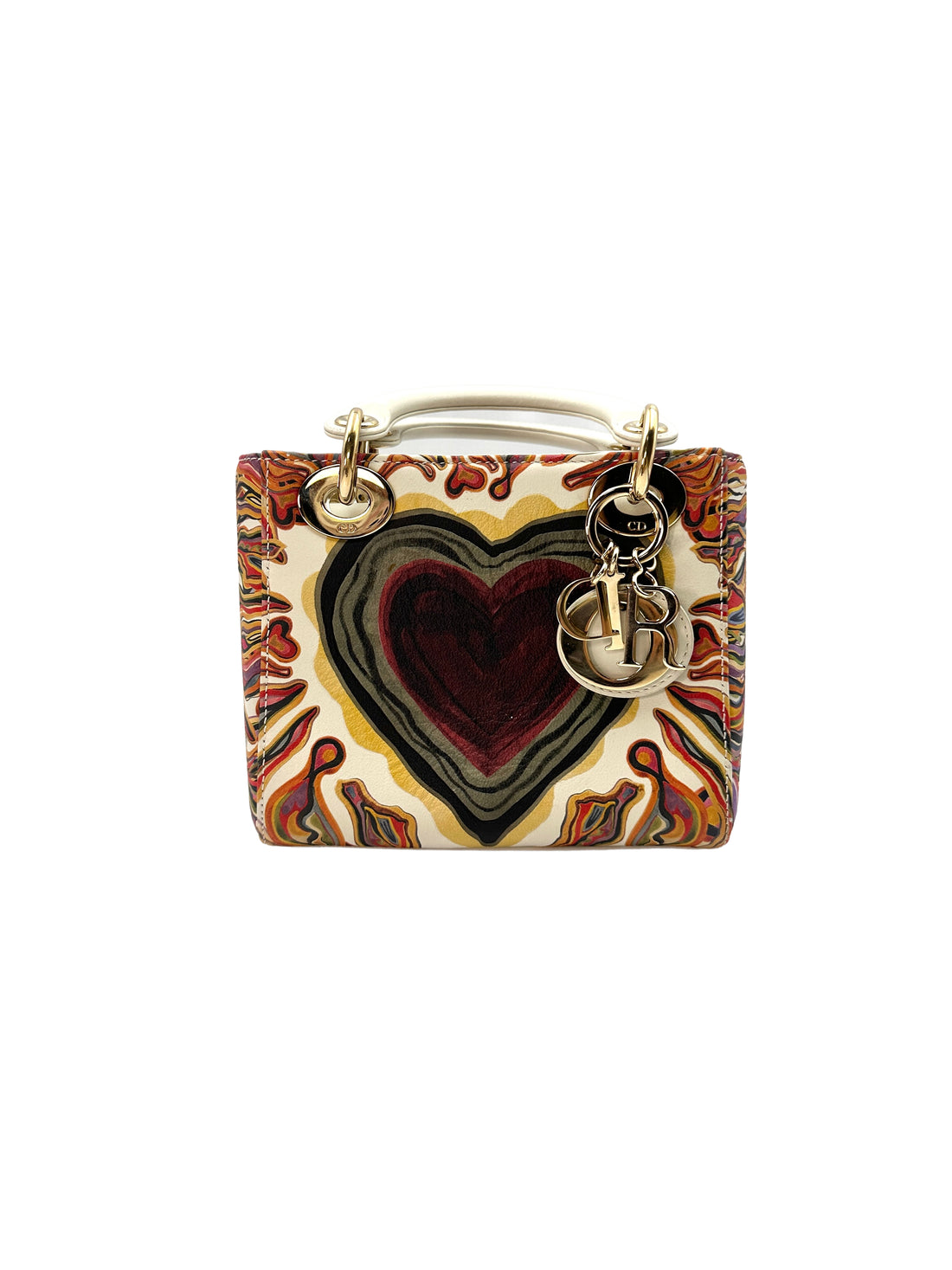 Christian Dior Lady Dior Amour Embroidered Heart Print Handle Bag With Gold Charms DR480