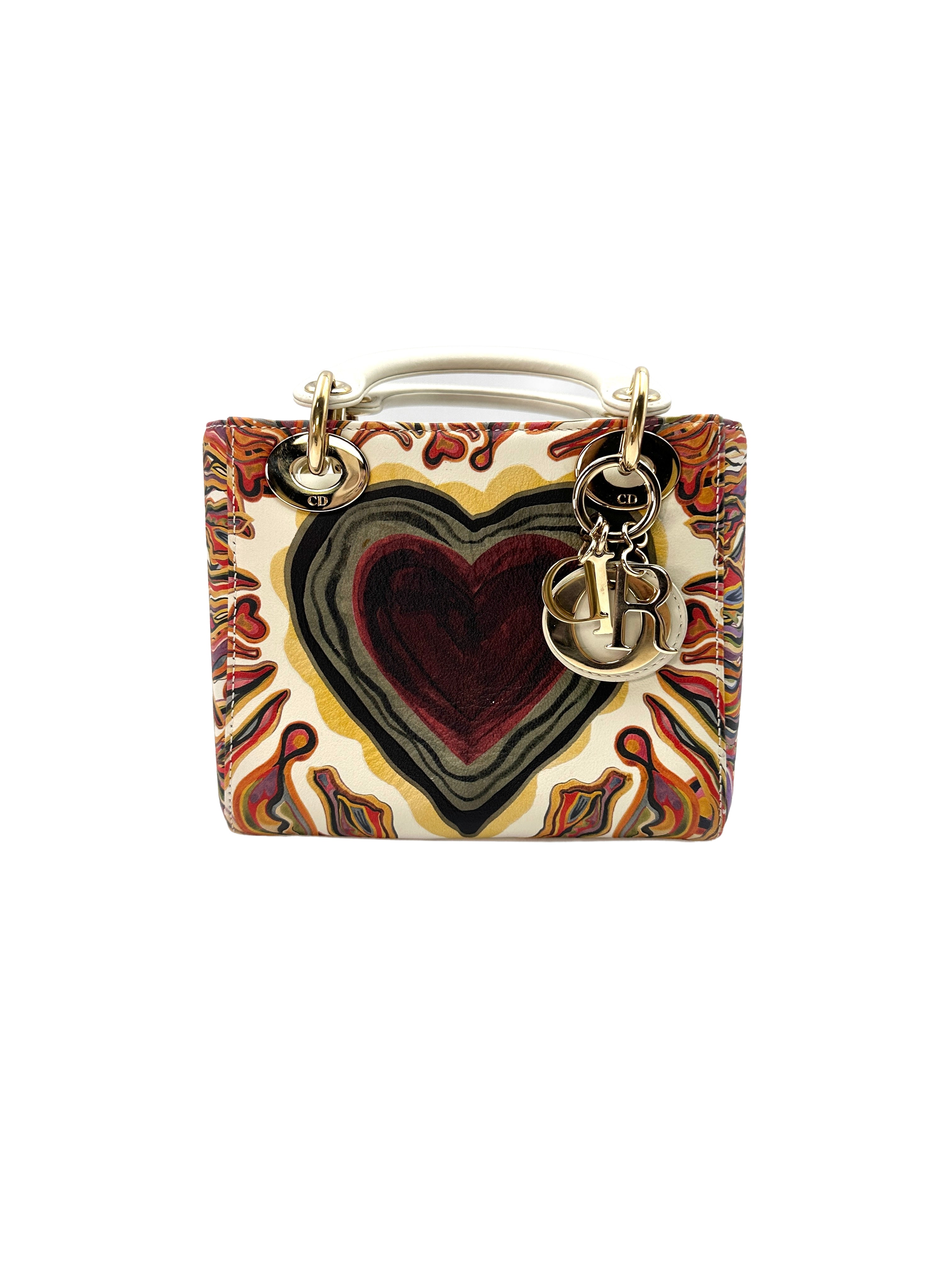 Christian Dior Lady Dior Amour Embroidered Heart Print Handle Bag With Gold Charms DR480